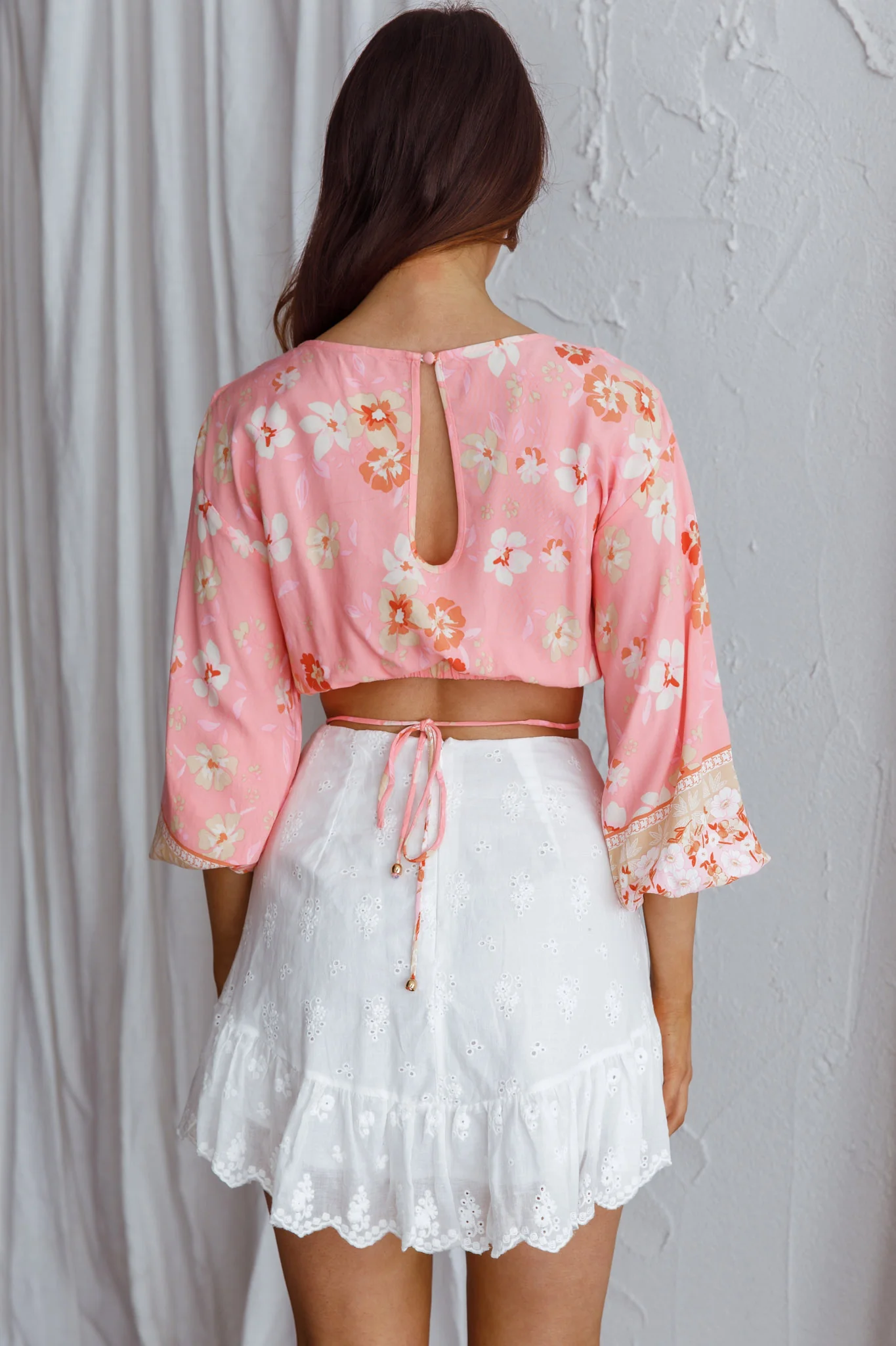 Sea View Long Sleeve Crop Top Floral Pink