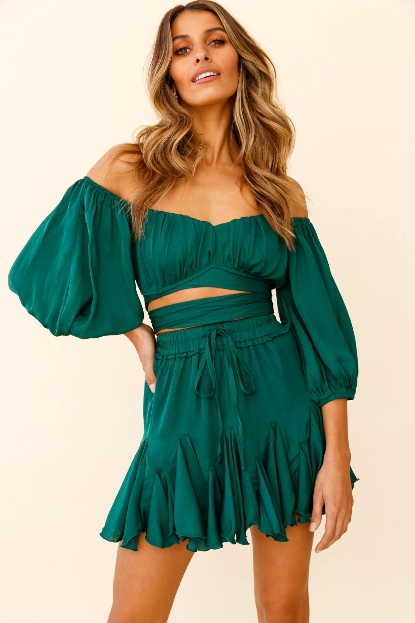 Linka Off-Shoulder Half Sleeve Tie-Back Crop Top Forest Green