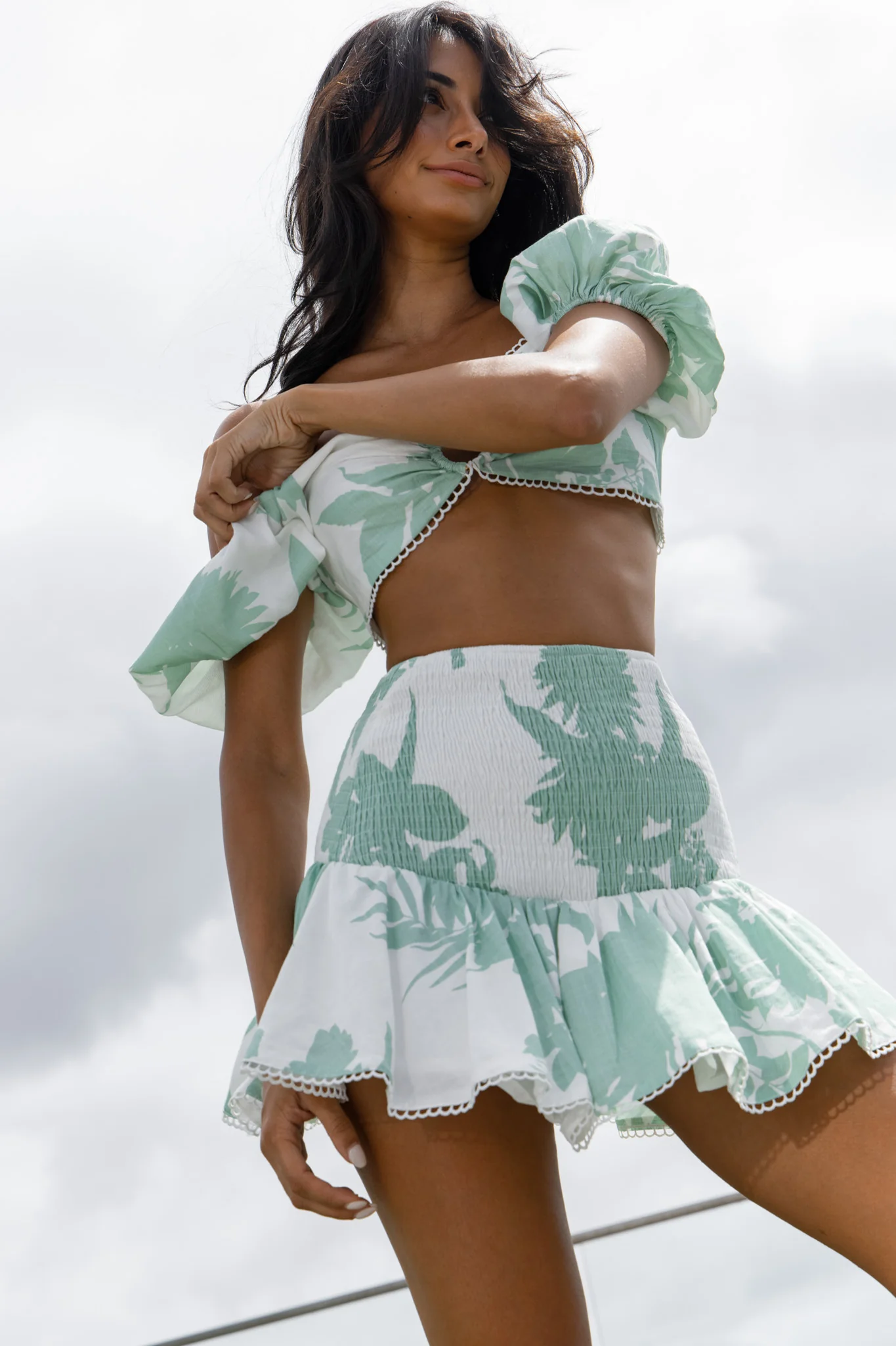 Escape With Me Tied Back Crop Top Printed Sage