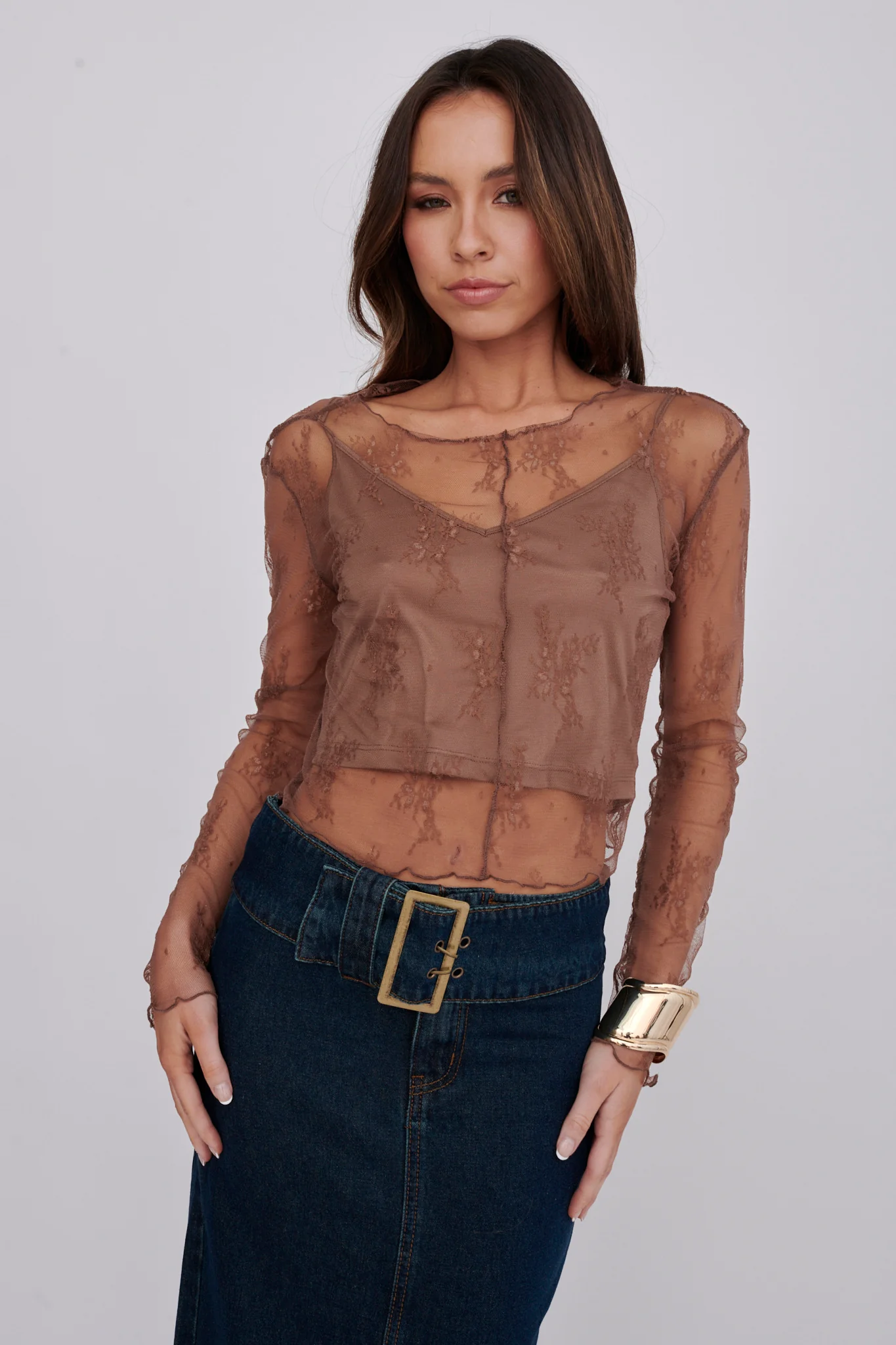 Genovia Long Sleeve Lace Top Brown