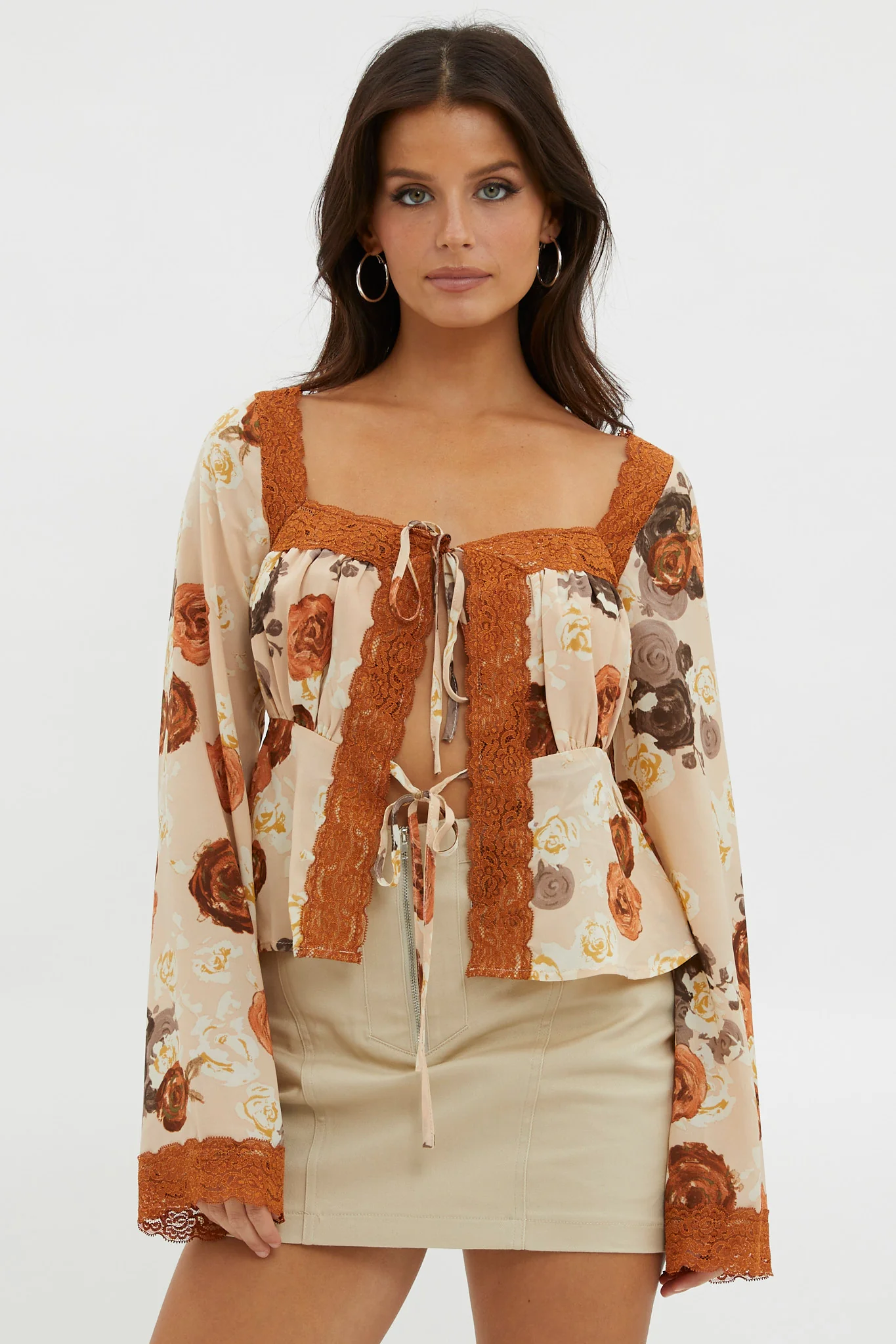 Moxie Tie Front Lace Trim Top Brown