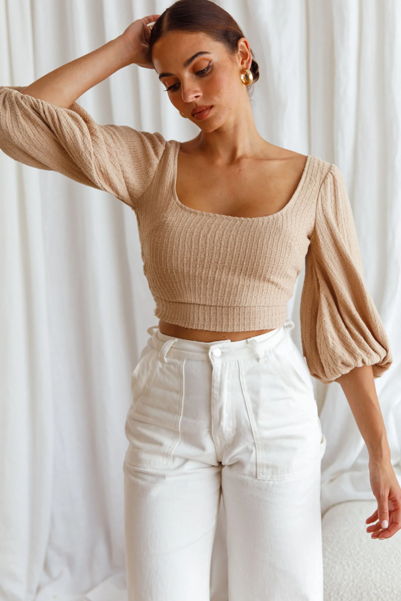 Love Like This Balloon Sleeve Open Back Crop Top Textured Beige