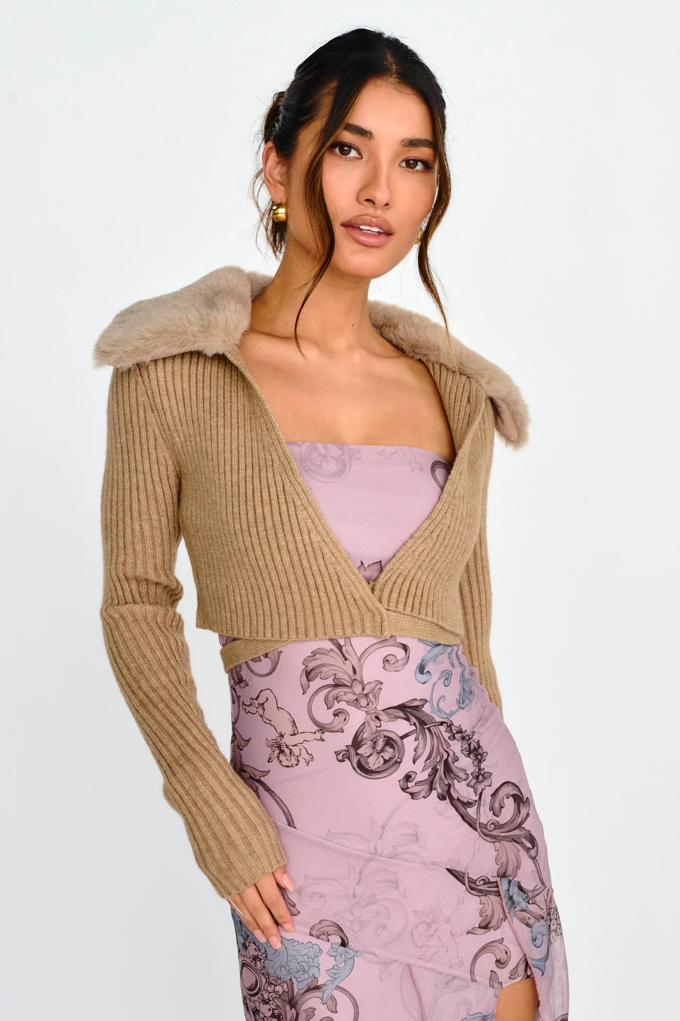 Hollyoak Fur Collar Knit Crop Top Oatmeal