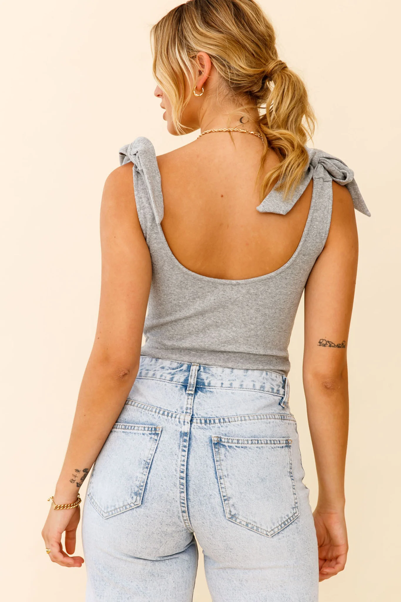 Can't Stop Me Bow Shoulder Bodysuit Grey Marle