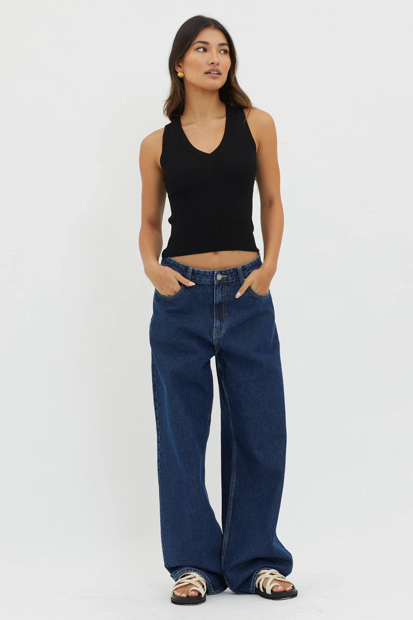 D'Lila V-Neck Ribbed Knit Top Black