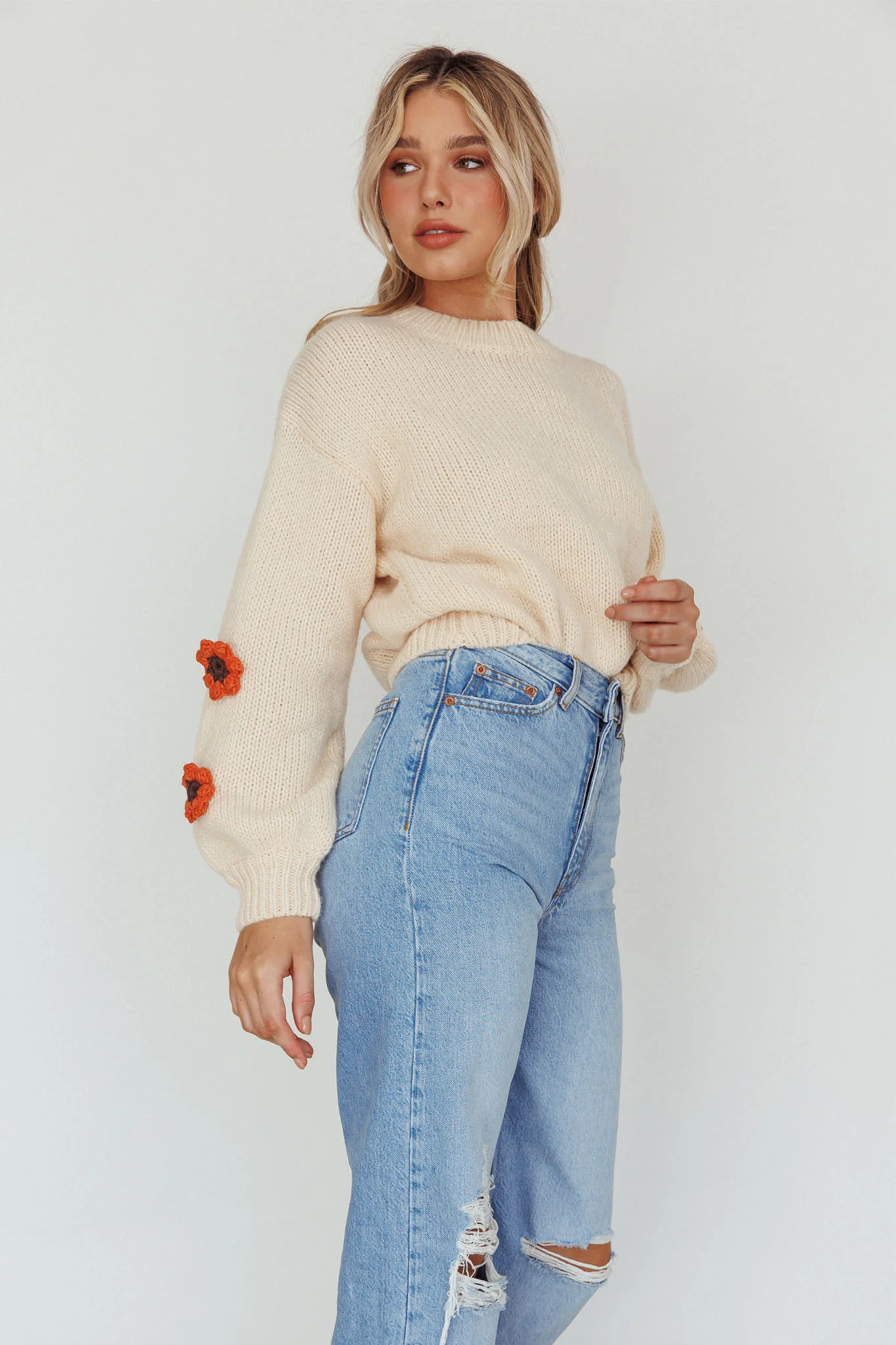 Lighthouse Flower Accent Sweater Cream