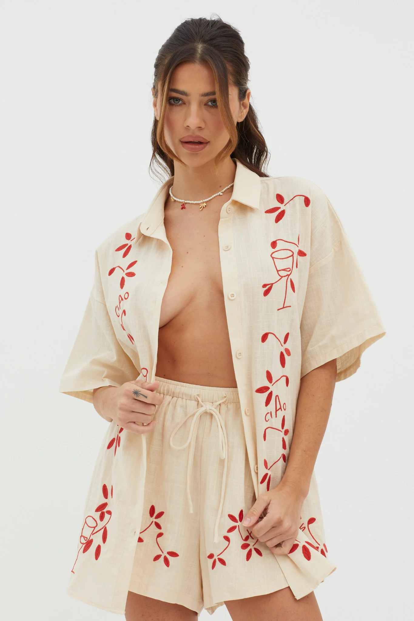 Ciao Ciao Embroidered Button-Up Shirt Oat