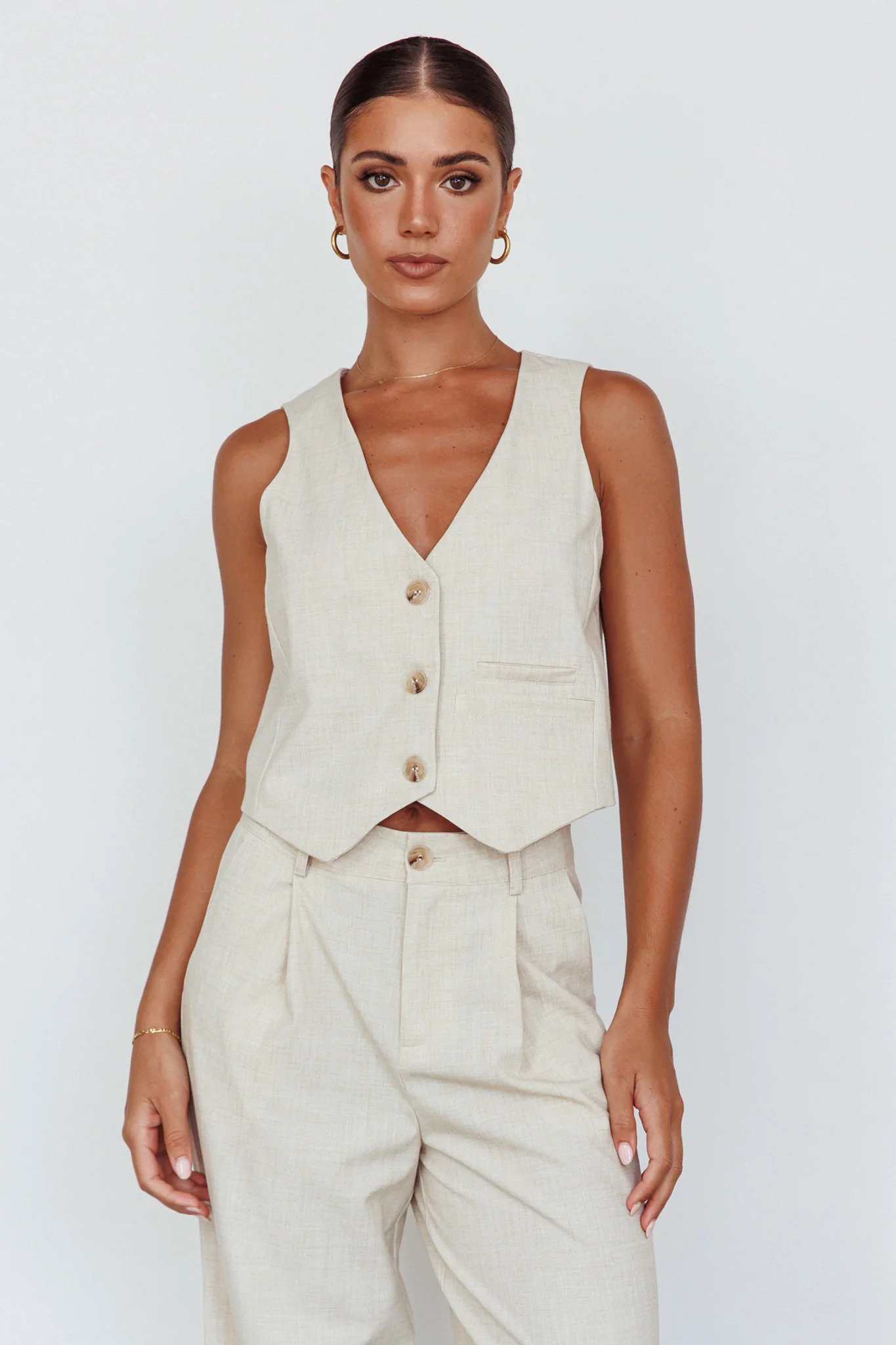 Times Square Buttoned Waistcoat Top Natural