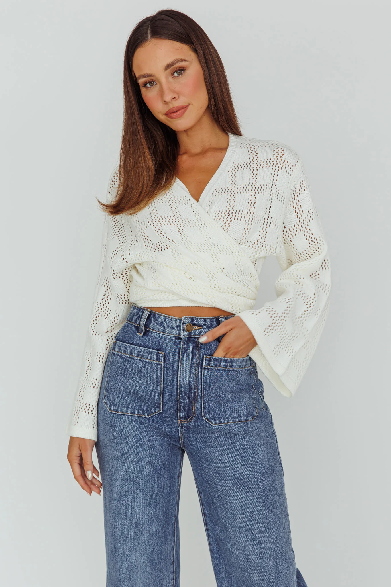 Rivera Deep-V Waist-Tie Top Crochet White