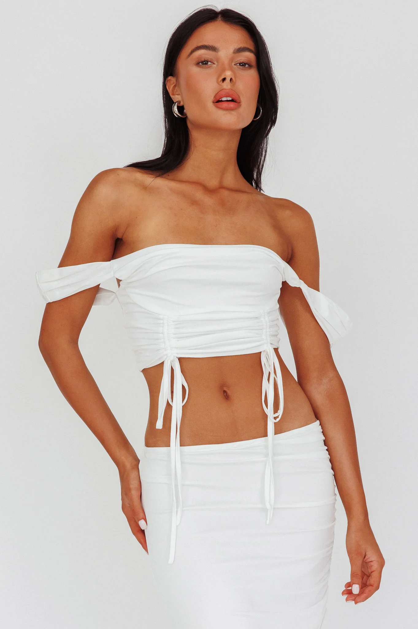Headliner Drawstring Ruched  Crop Top White