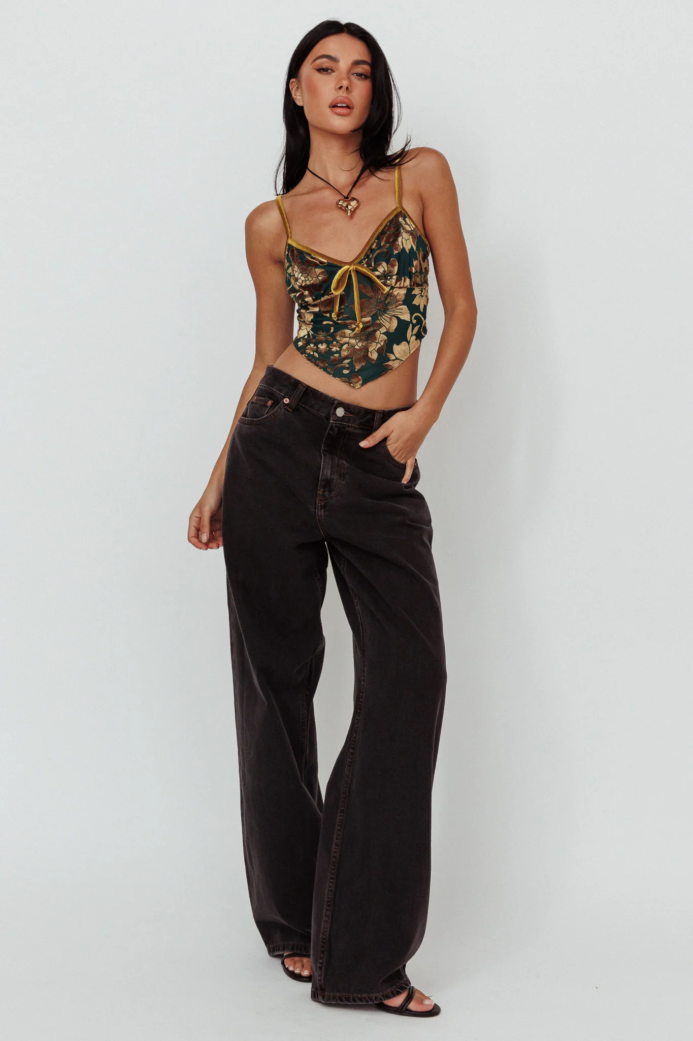 Caught Feelings Floral Velour Crop Top Green/Gold