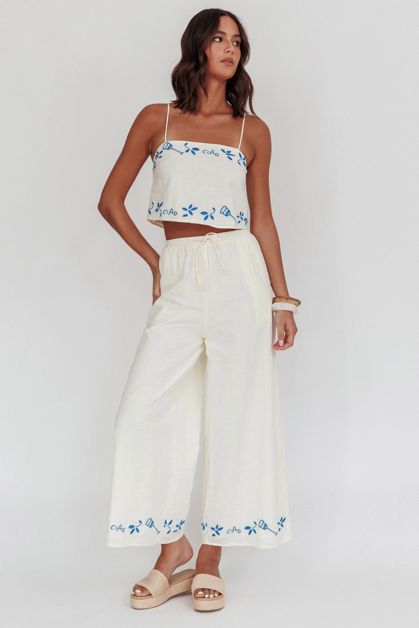 Sorrento Summer Embroidered Crop Top Beige