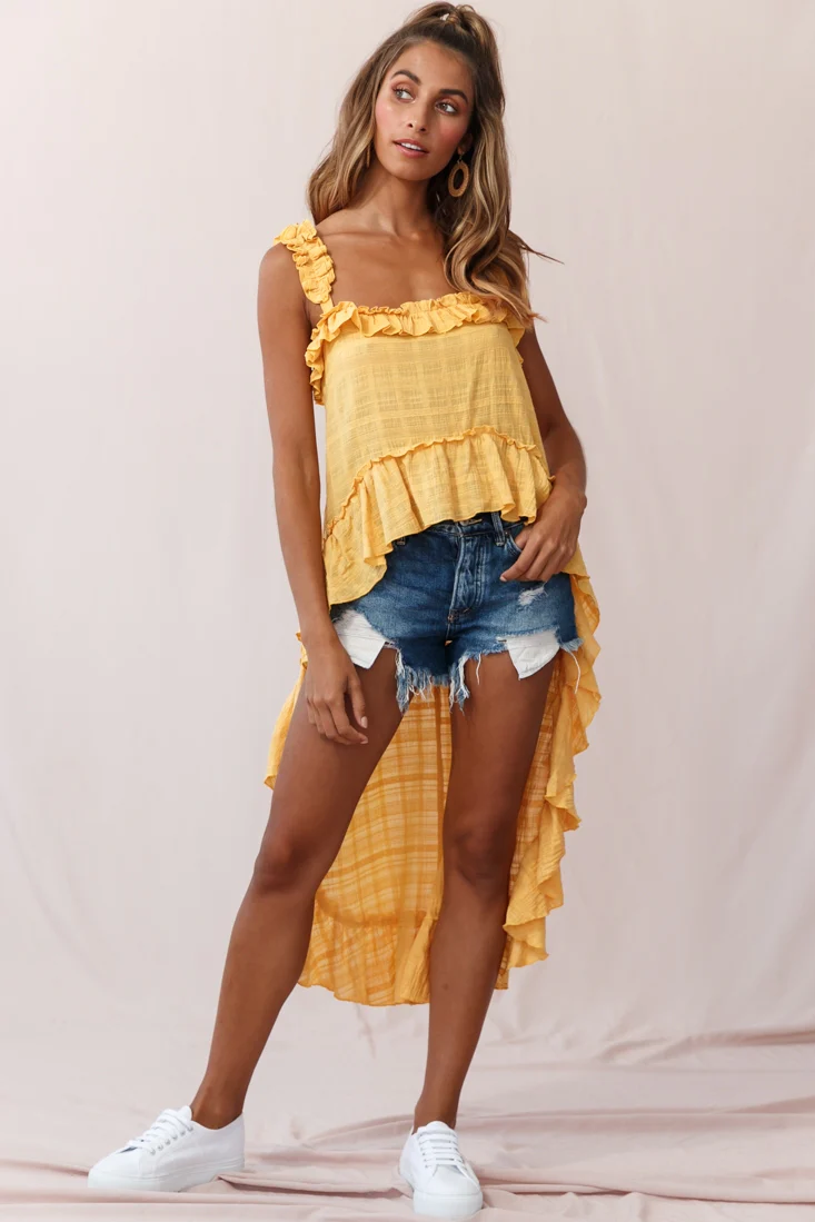 Jacinta High-Low Ruffle Strap Top Mustard