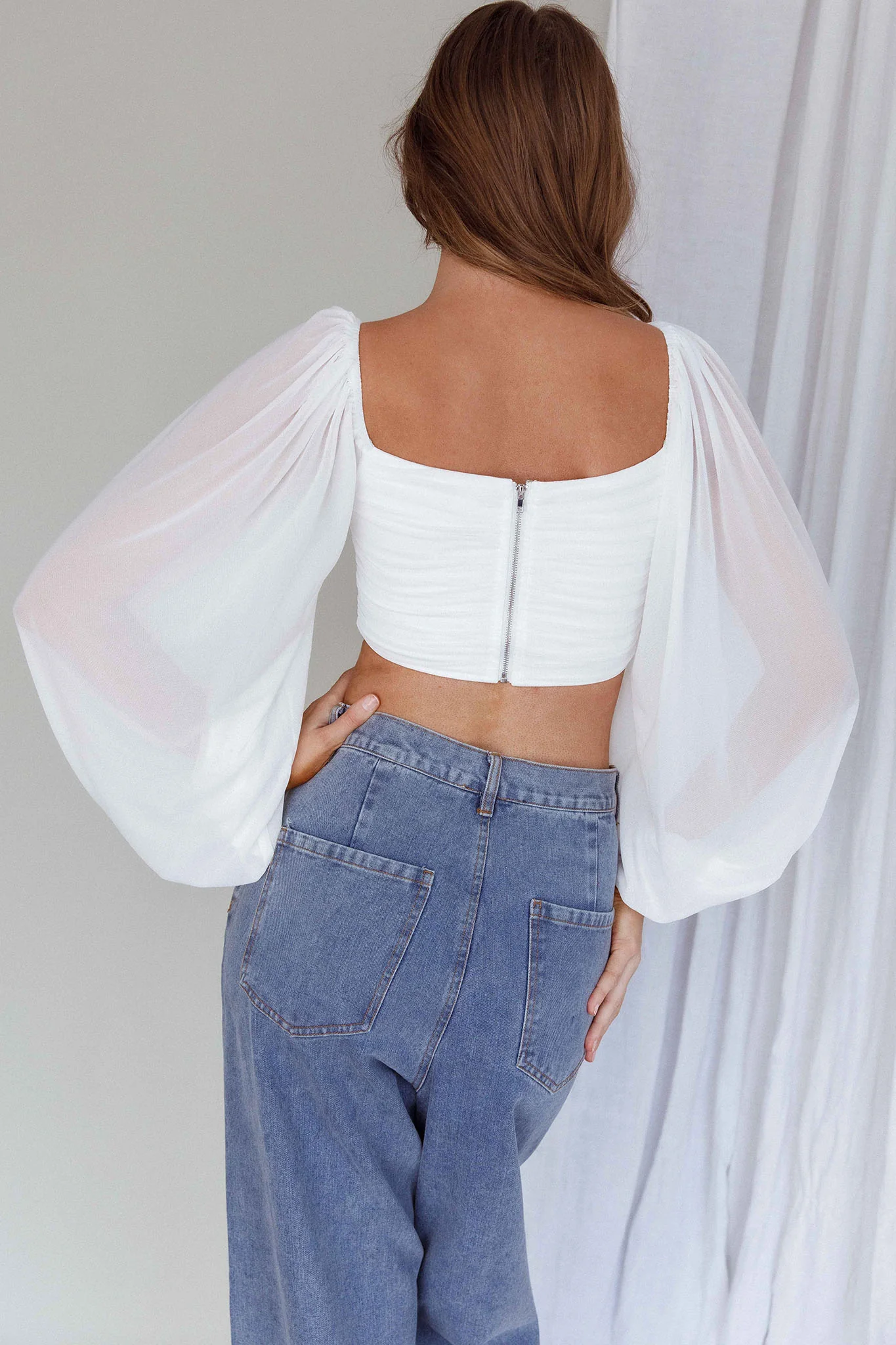 Tanner Long Sleeve Ruched Crop Top White