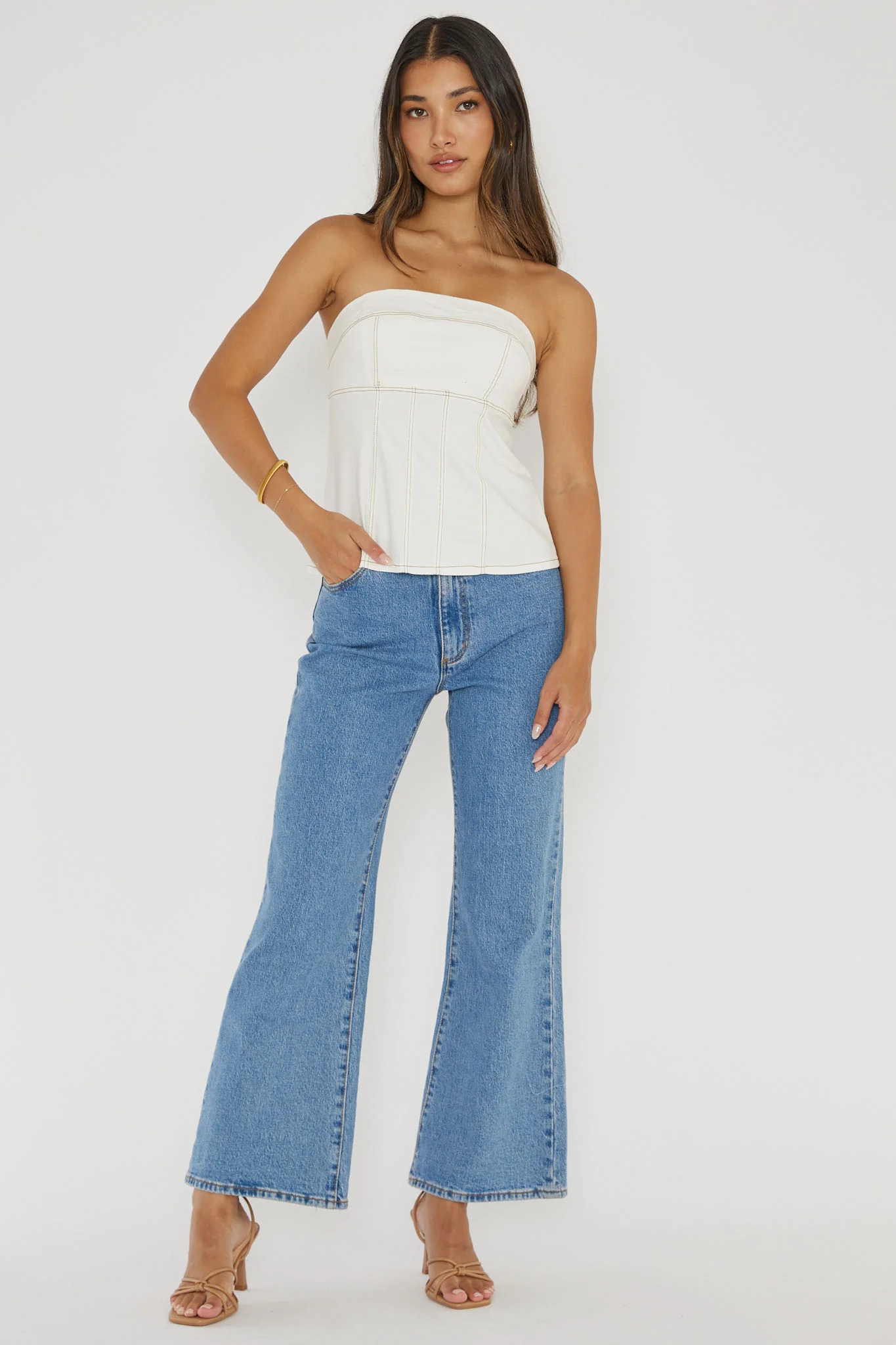 Cathlin Contrast Stitching Strapless Top White