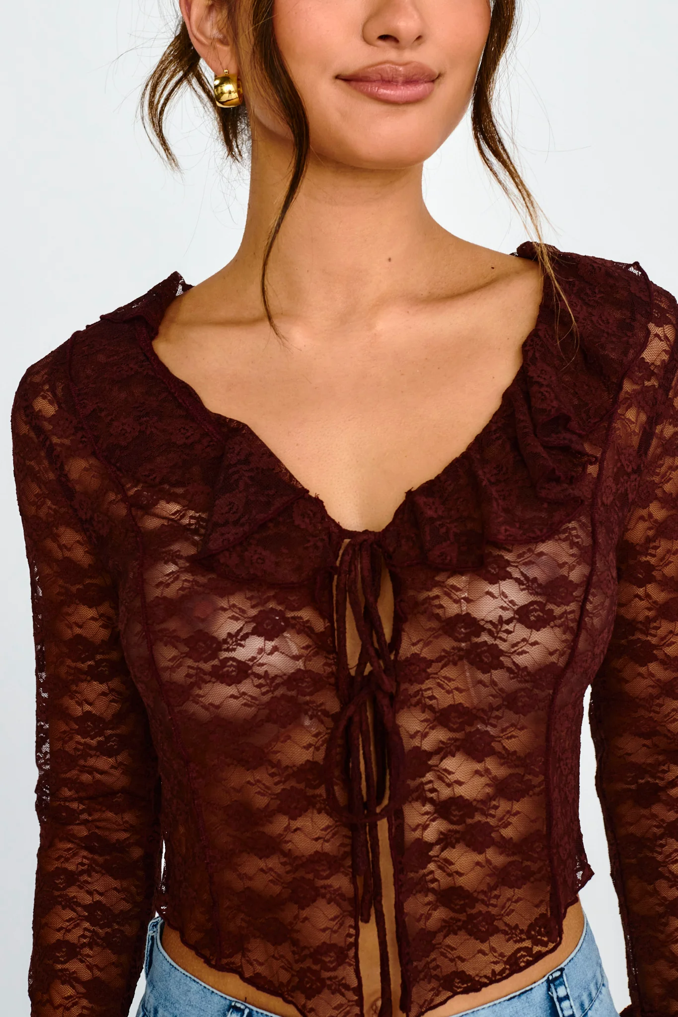 Siren Long Sleeve Tied Lace Top Brown