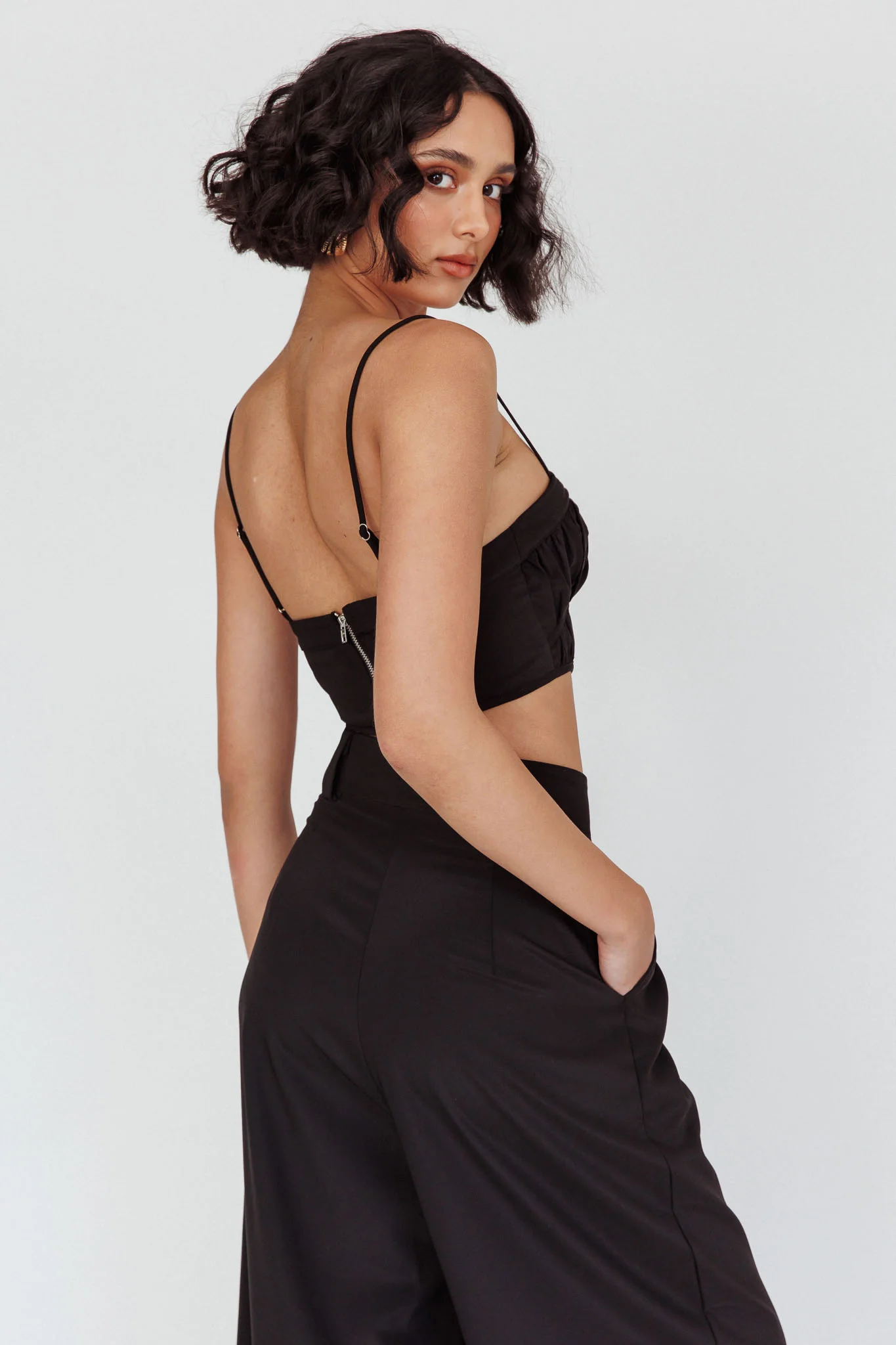 Regal Ruched Cami Crop Top Black