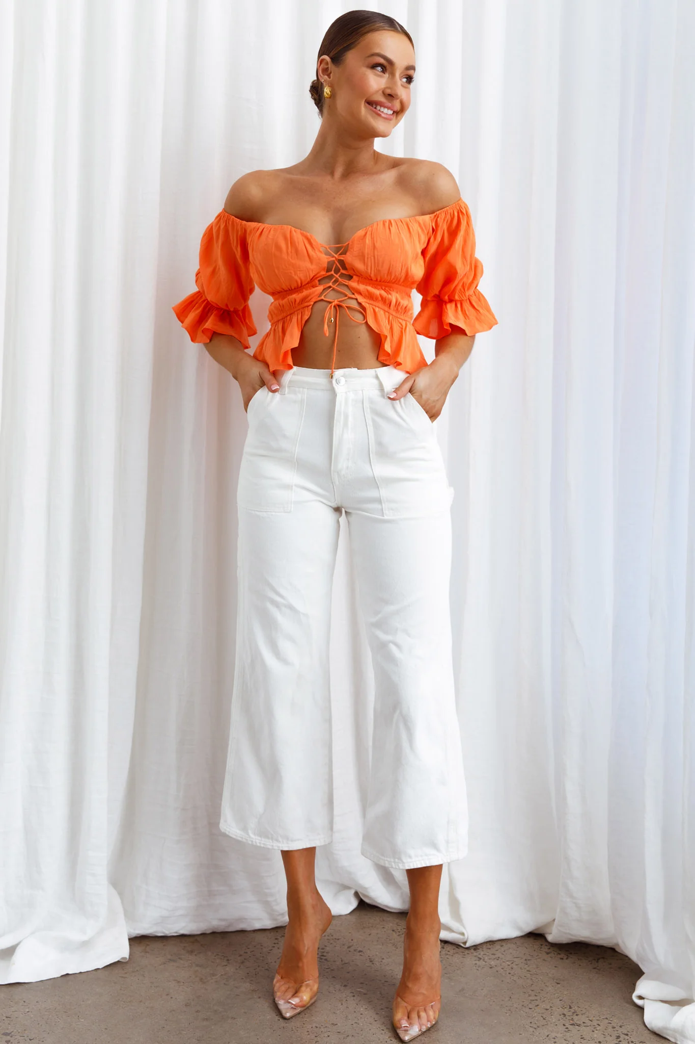 Josephina Off-Shoulder Lace-Up Front Crop Top Neon Orange
