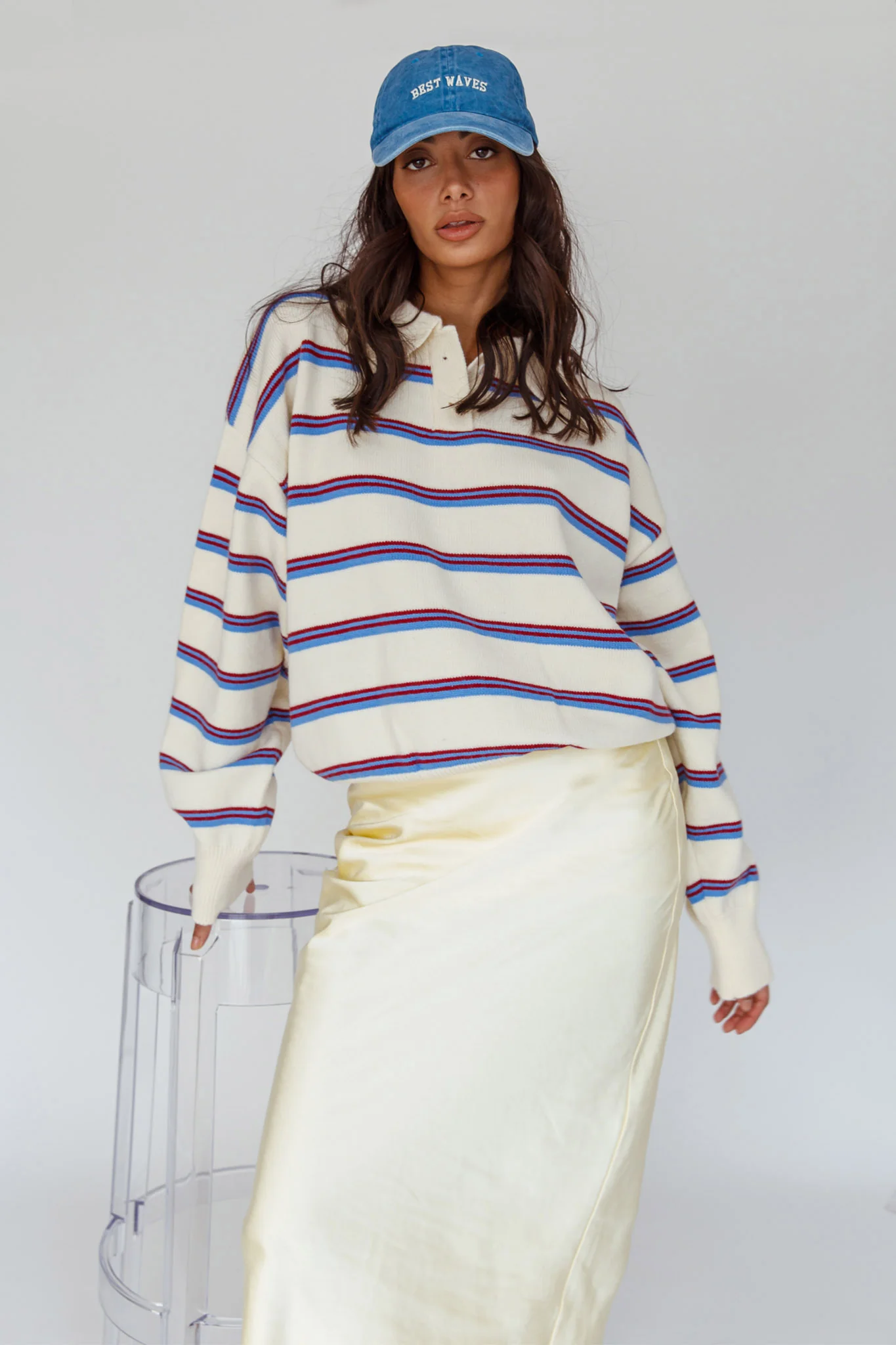 Boston Collared Knit Sweater Striped White