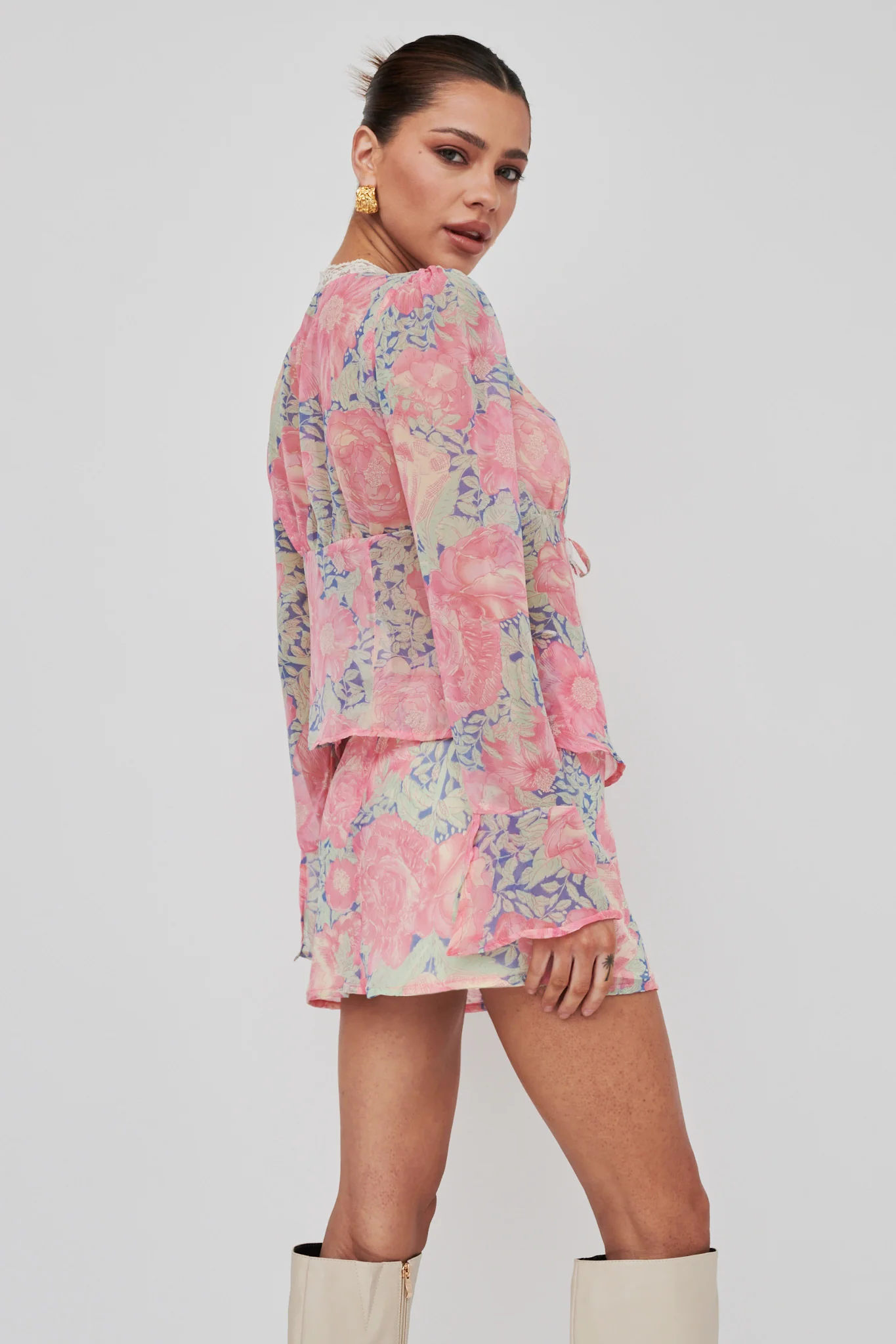 Sincerity Long Sleeve Tie Front Top Print Blue