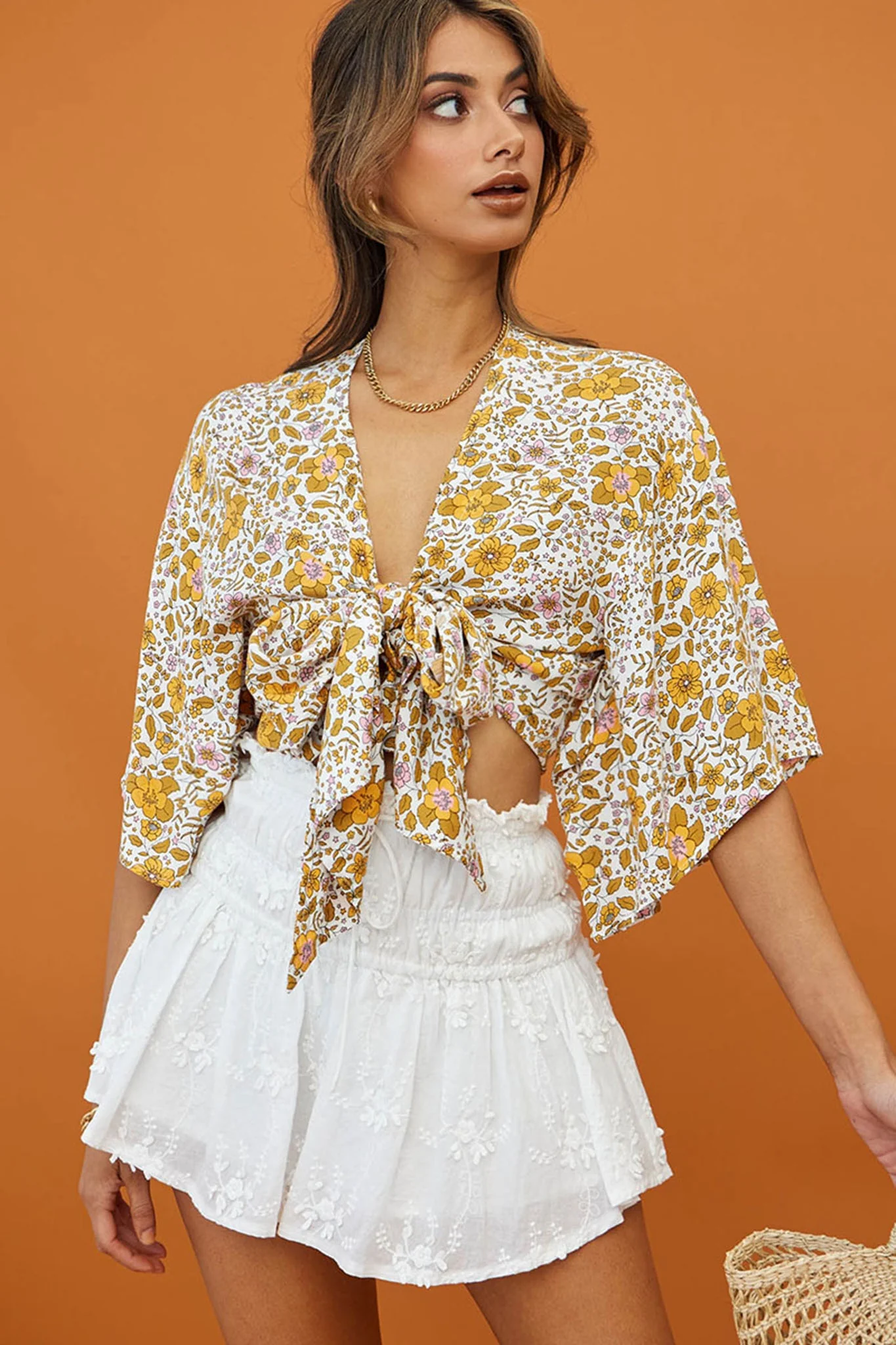 Rivera Deep-V Tie Front Crop Top Floral Print White/Yellow