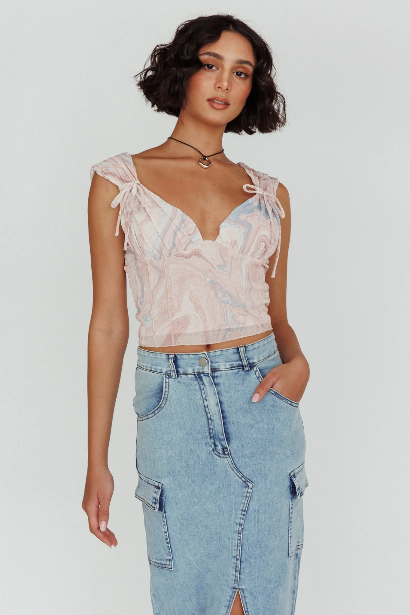 Fairfax Shoulder Tie Crop Top Pink Multi