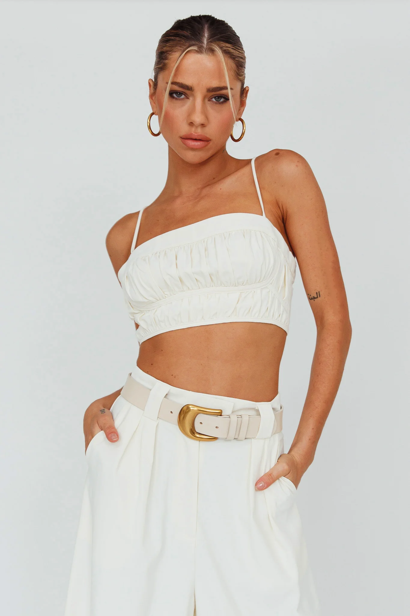 Regal Ruched Cami Crop Top Cream