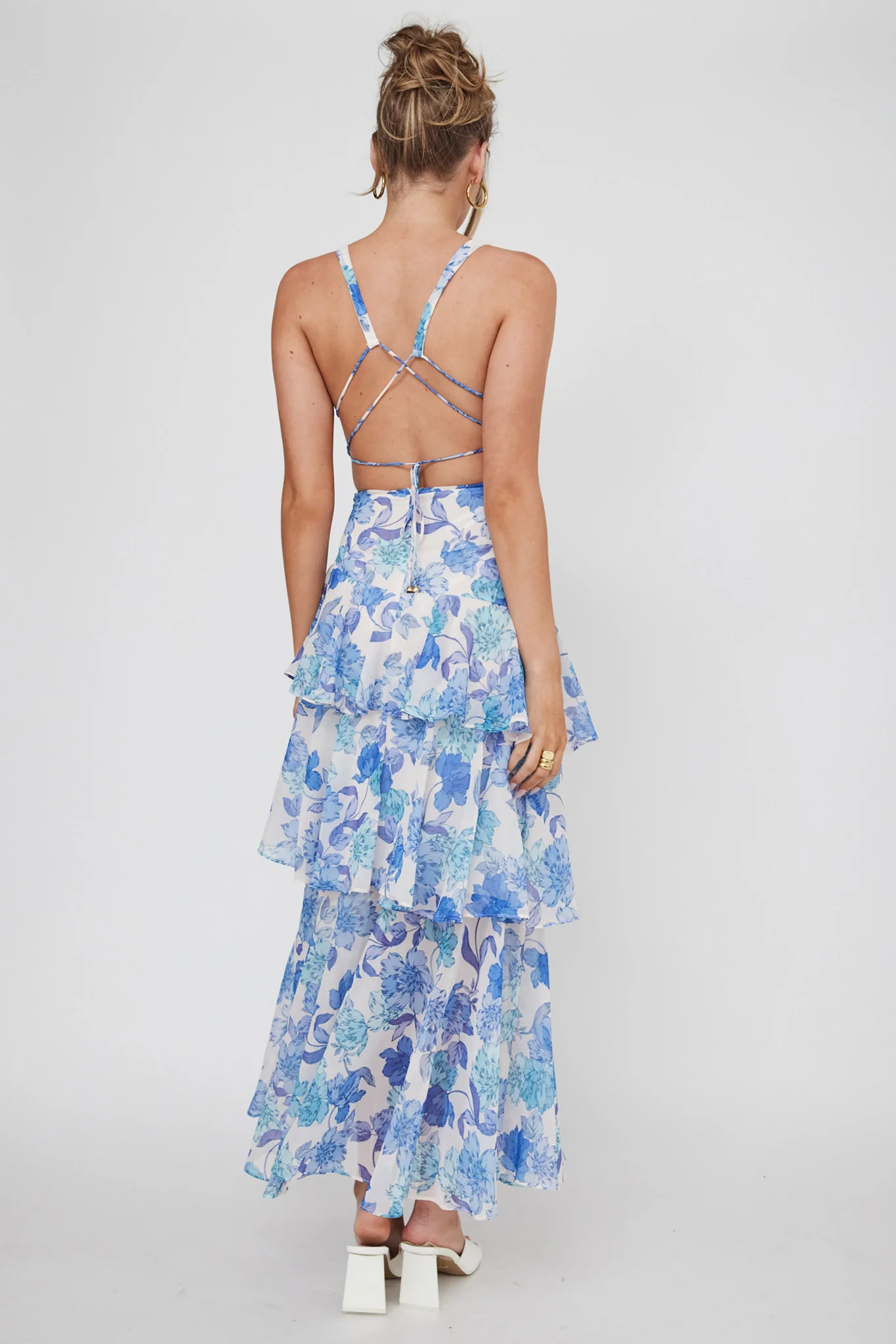 Veda Strappy Back Ruffle Midi Dress Floral Blue