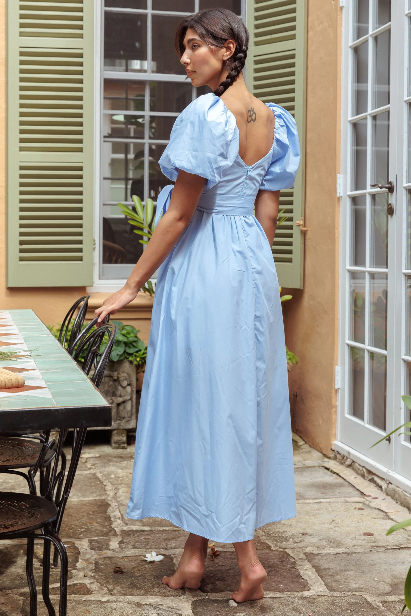 Mayflower Puff Sleeve Waist Tie Midi Dress Blue