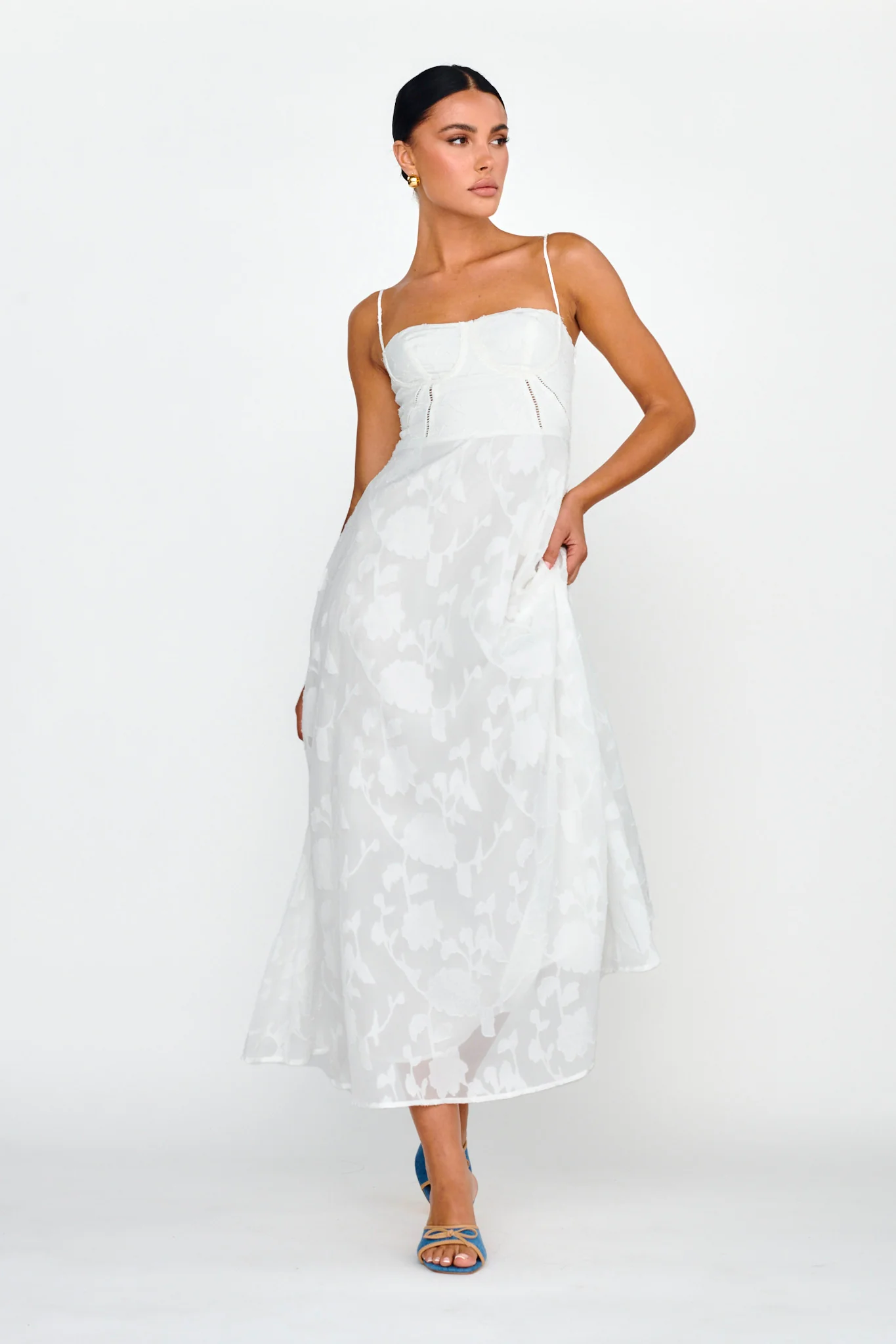 Well Wishing Textured Laced Back Midi Dress White