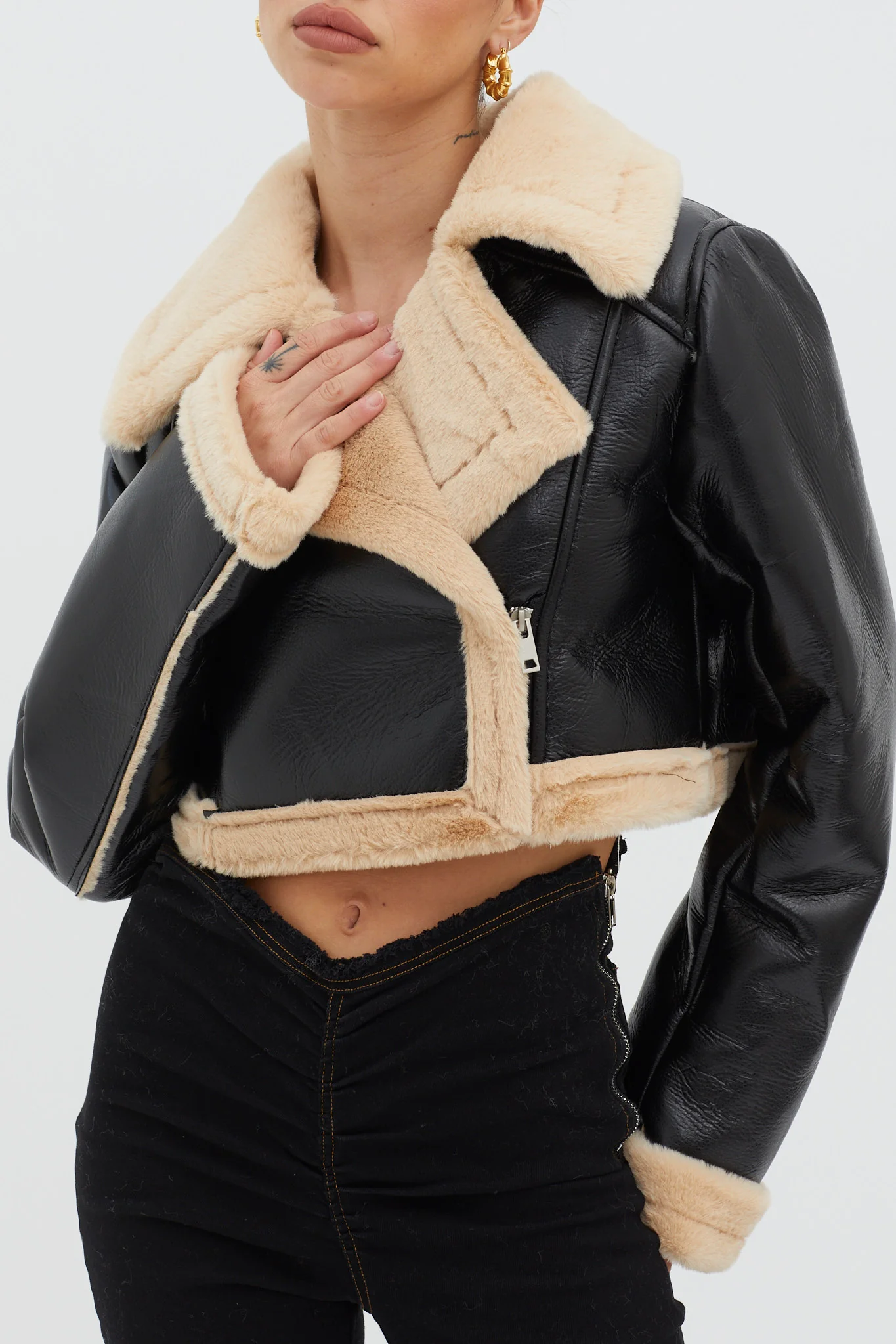 High Altitude Faux Fur Biker Jacket Black/Taupe
