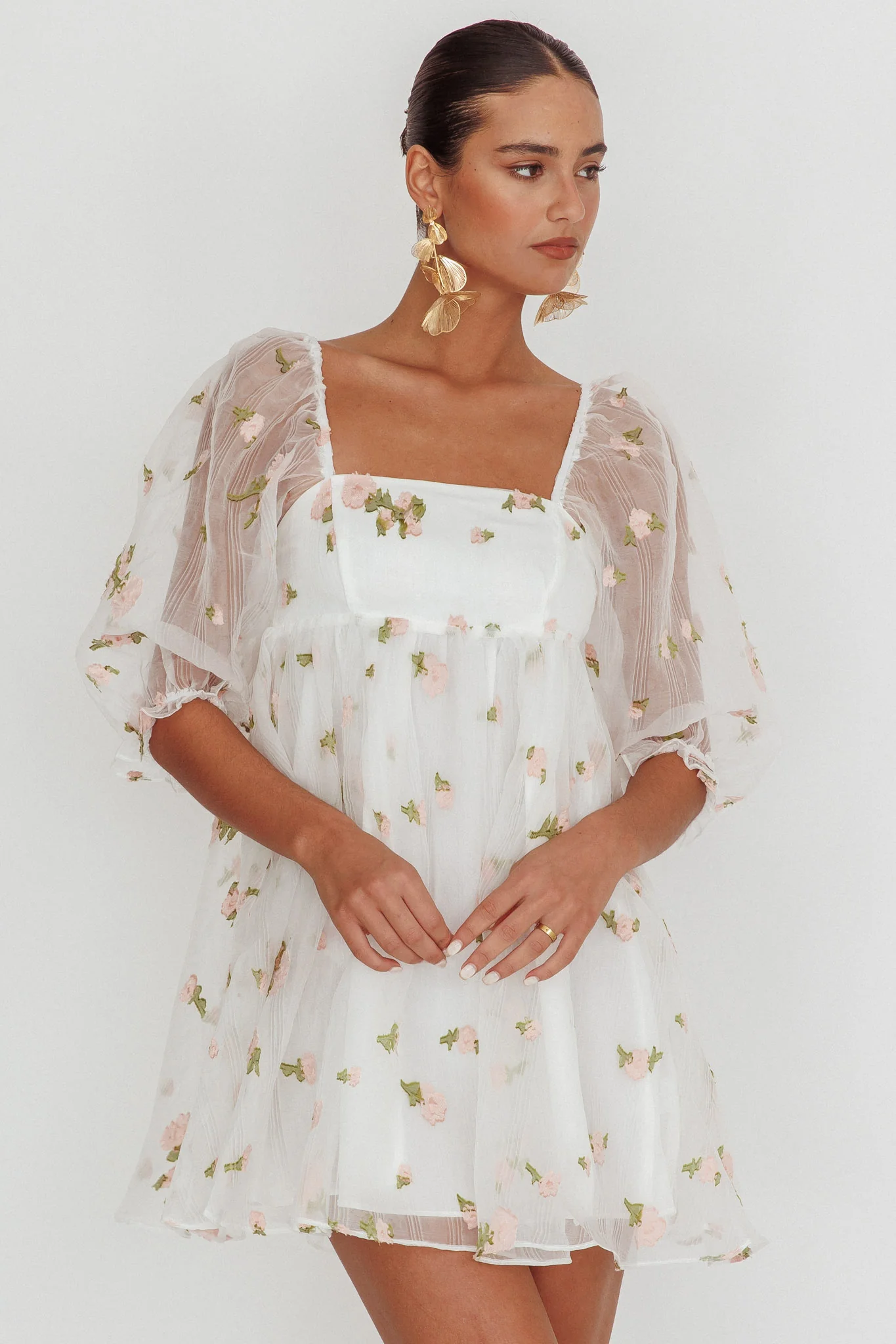 Helen Floral Organza Mini Dress White Pink