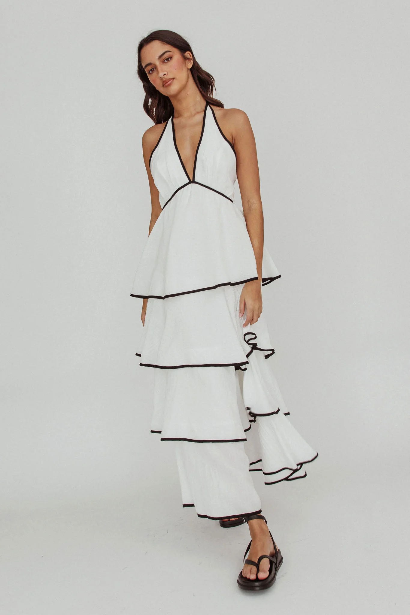 Catalina Tiered Ruffle Maxi Dress White/Black