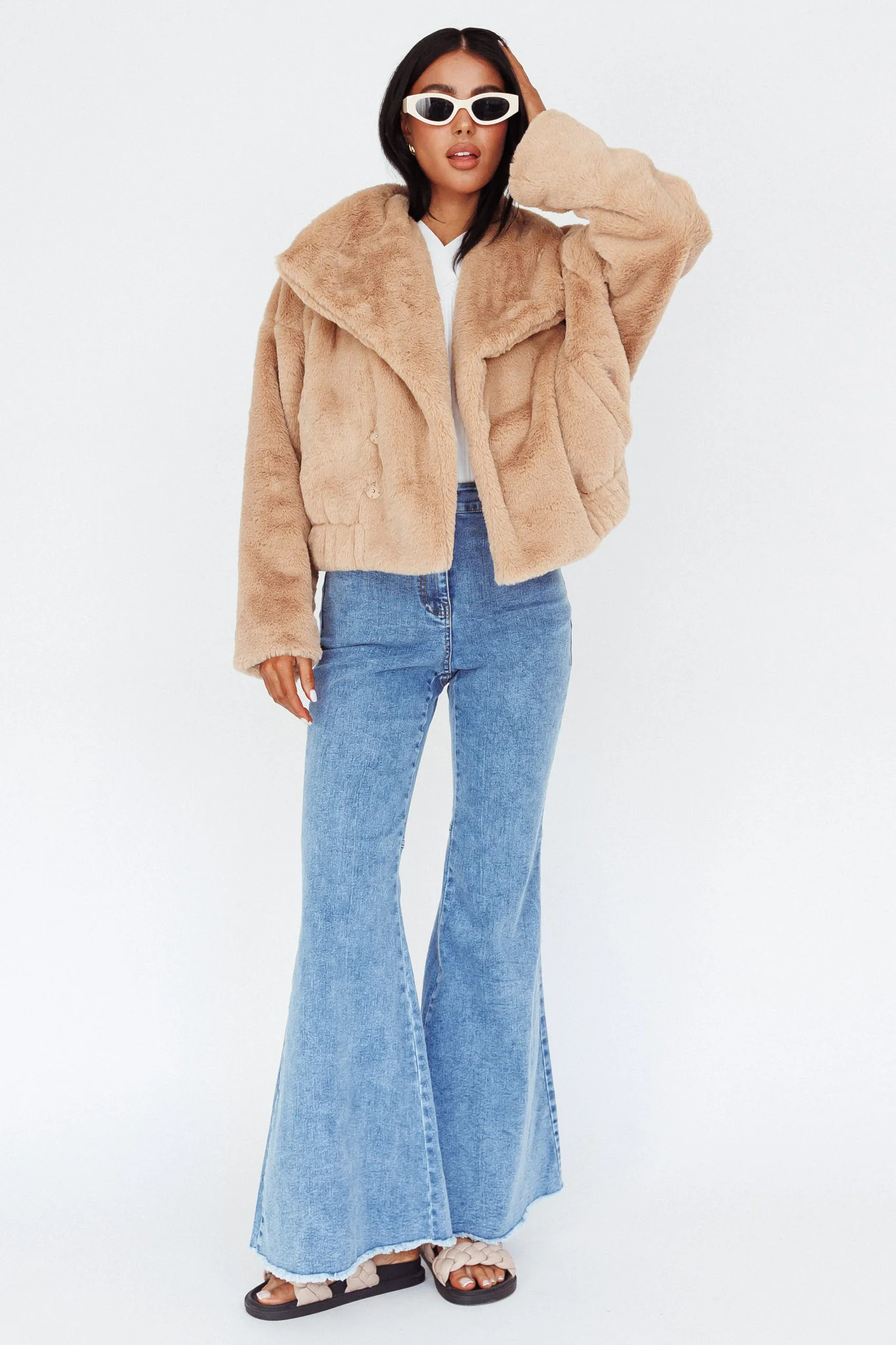 Yaro Long Sleeve Faux Fur Jacket Camel