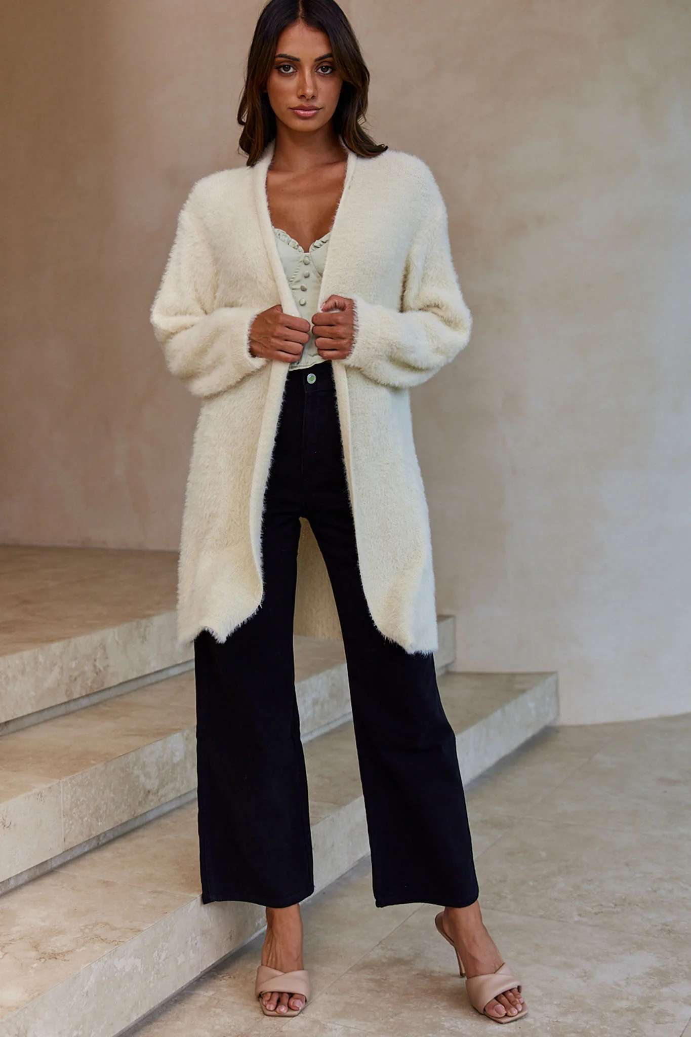 Hold The Phone Long Sleeve Fuzzy Duster Cardigan Cream