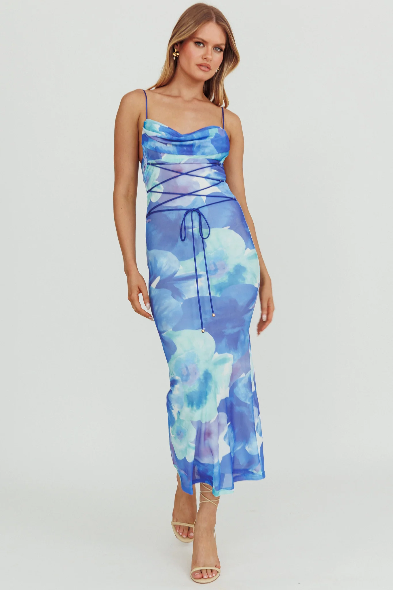 Teava Laced Waist Maxi Dress Flowers Blue