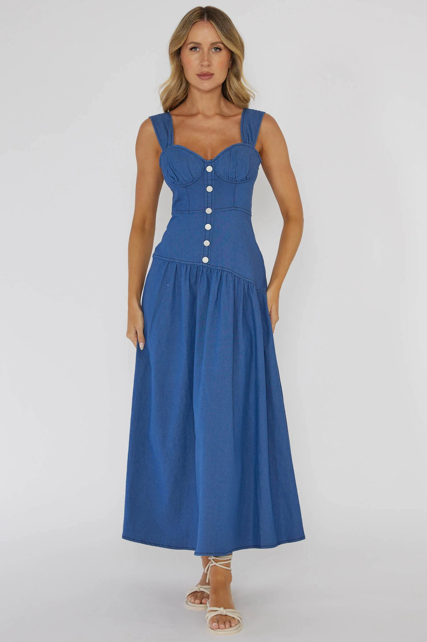 Pansy Flounce Hem Maxi Dress Blue