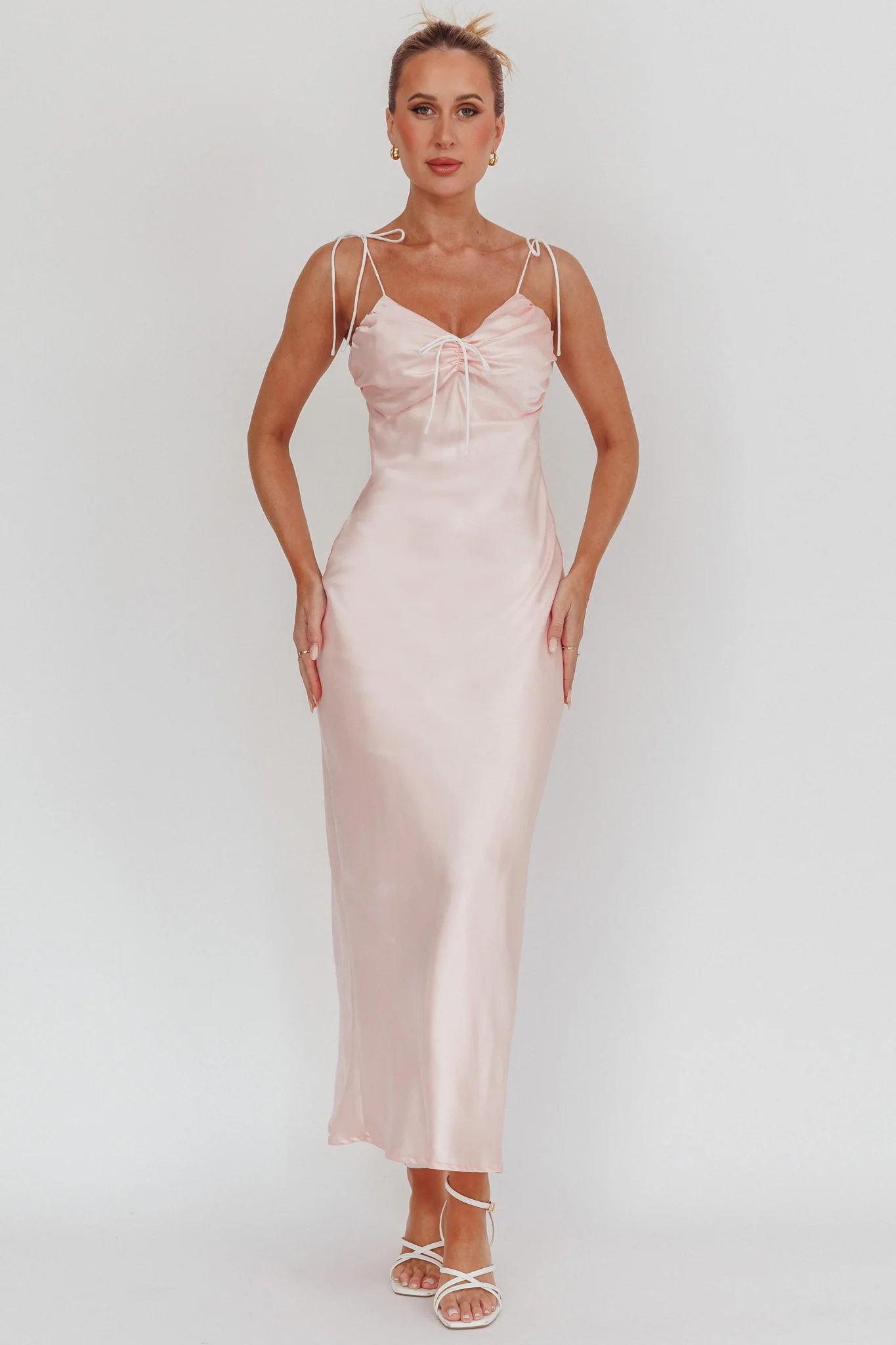 Slow Burn Tied Shoulders Satin Maxi Dress Pink