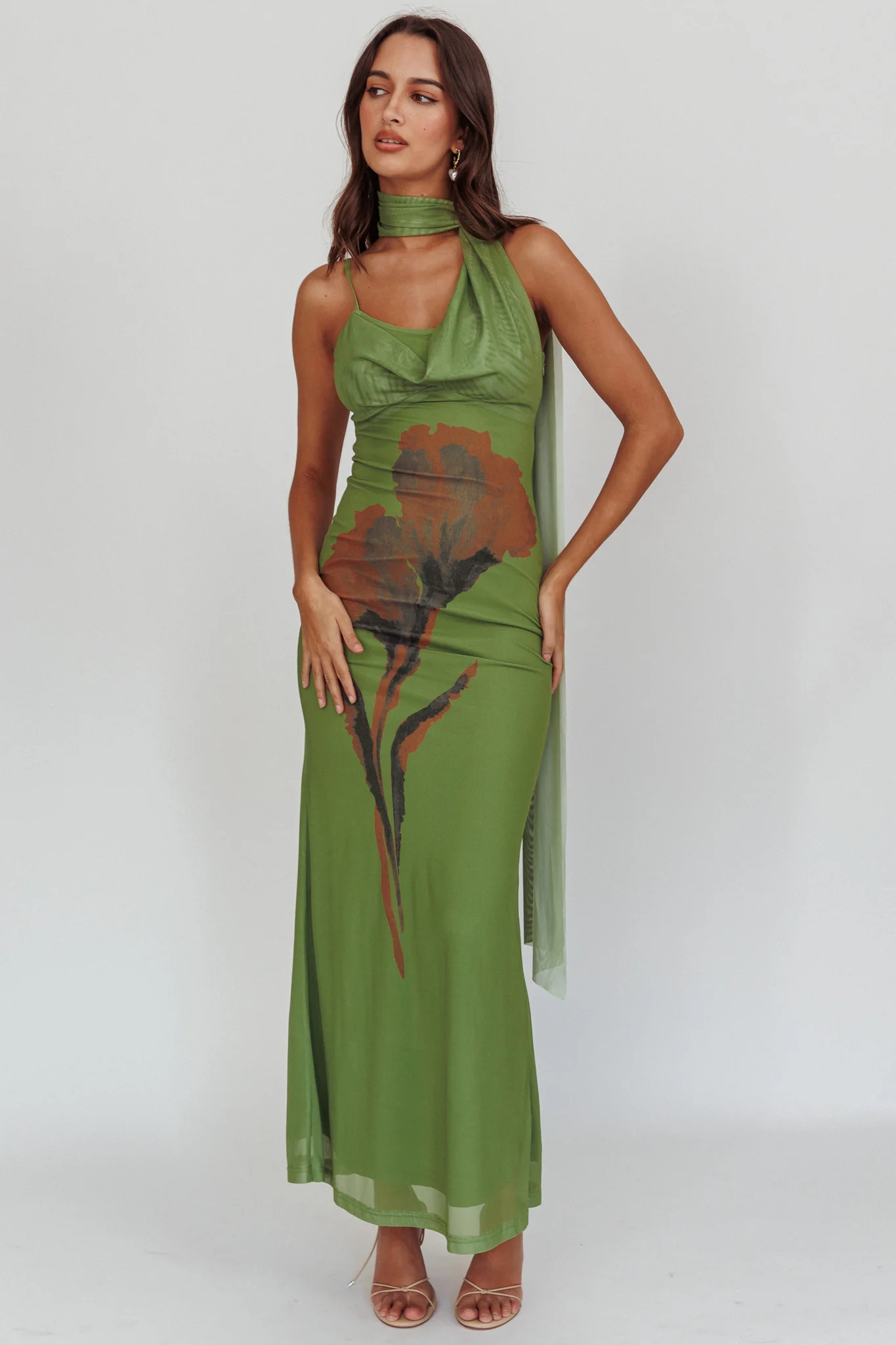 No Surprises Scarfed Floral Maxi Dress Green