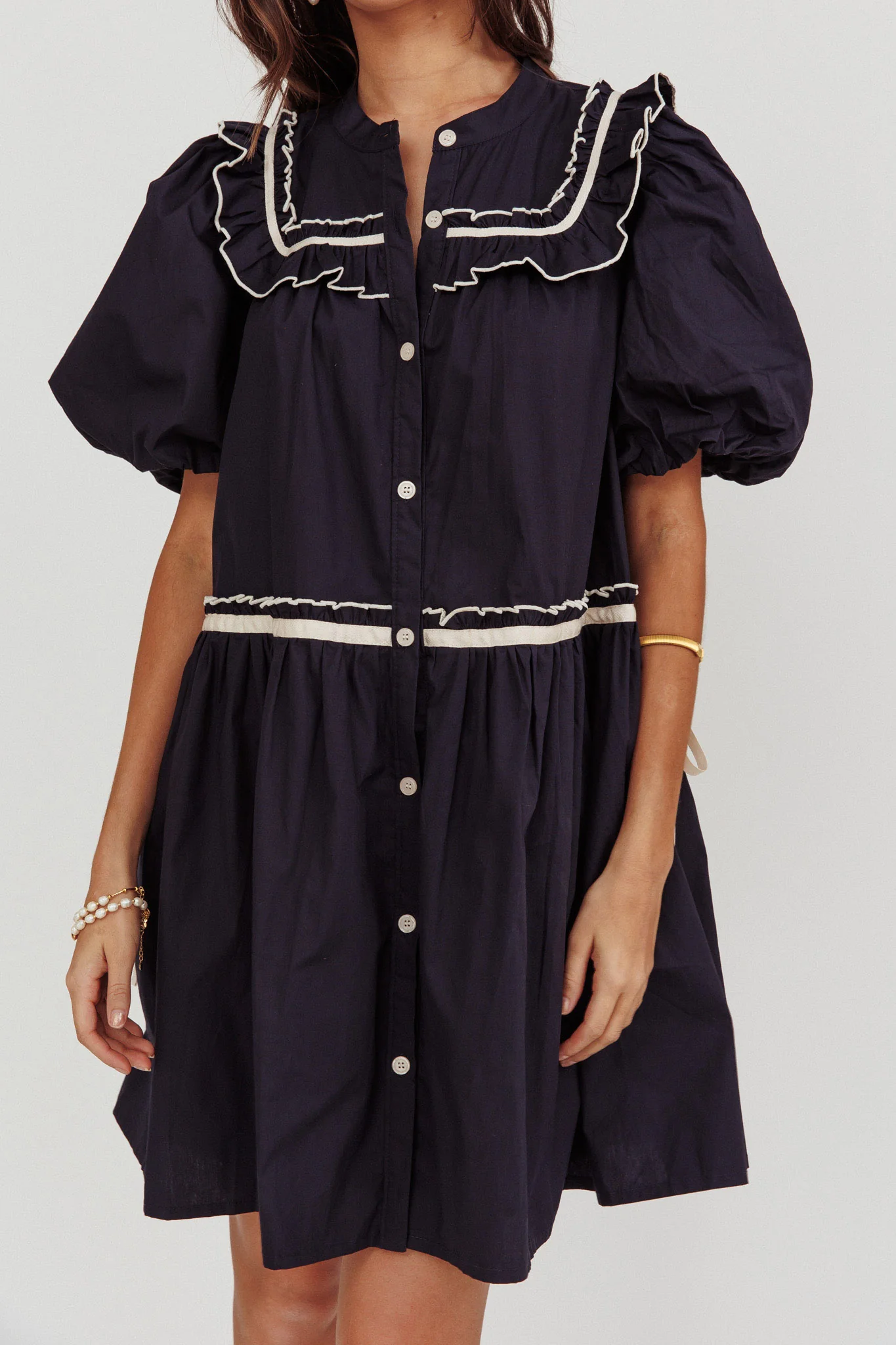 Late Spring Puff Sleeves Ruffle Mini Dress Navy