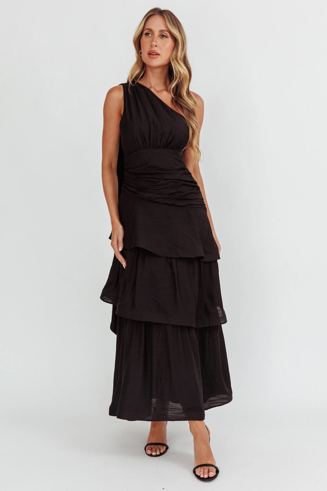 Kenny One Shoulder Tiered Maxi Dress Solid Black