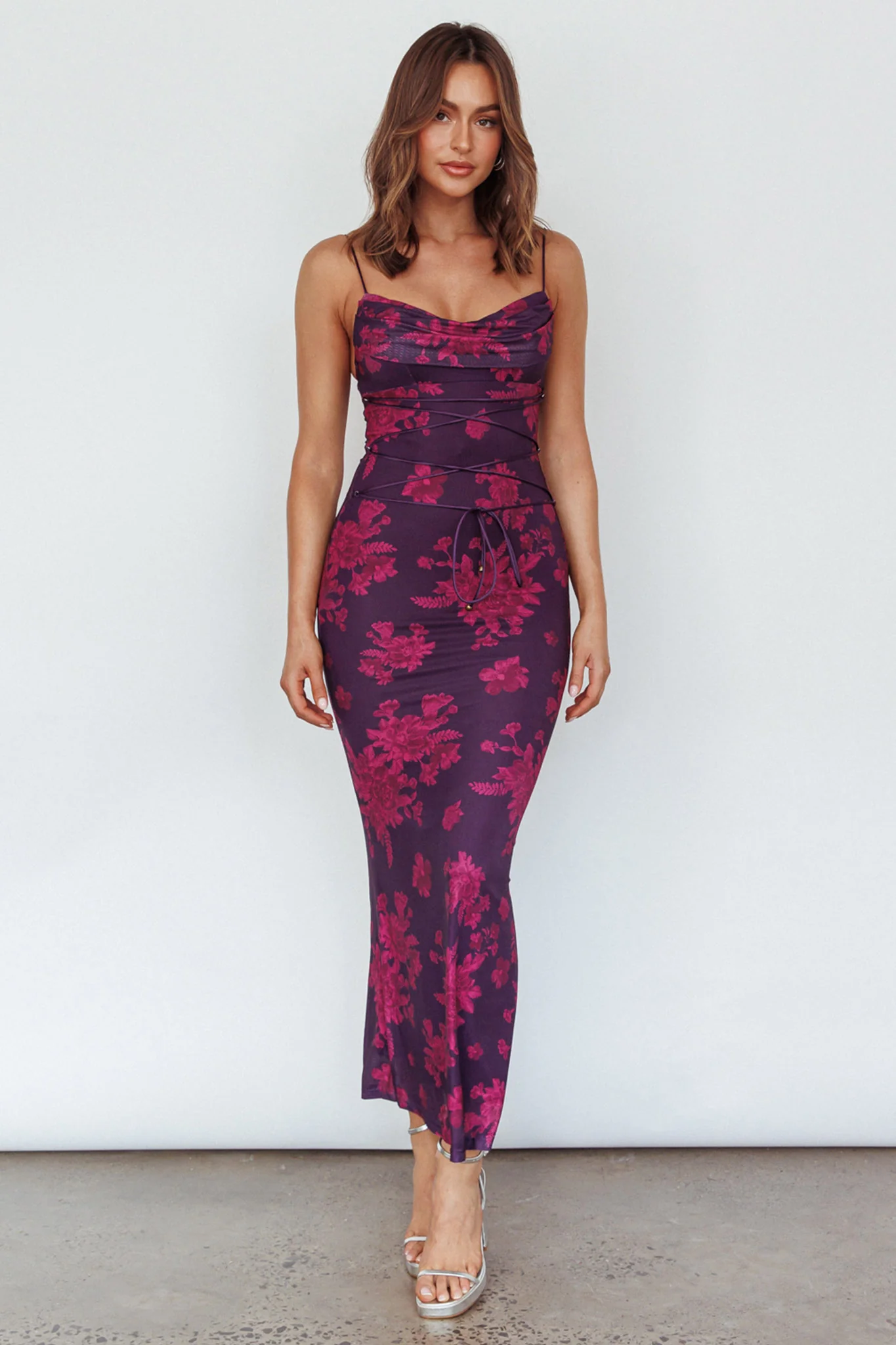 Teava Laced Waist Maxi Dress Floral Grape