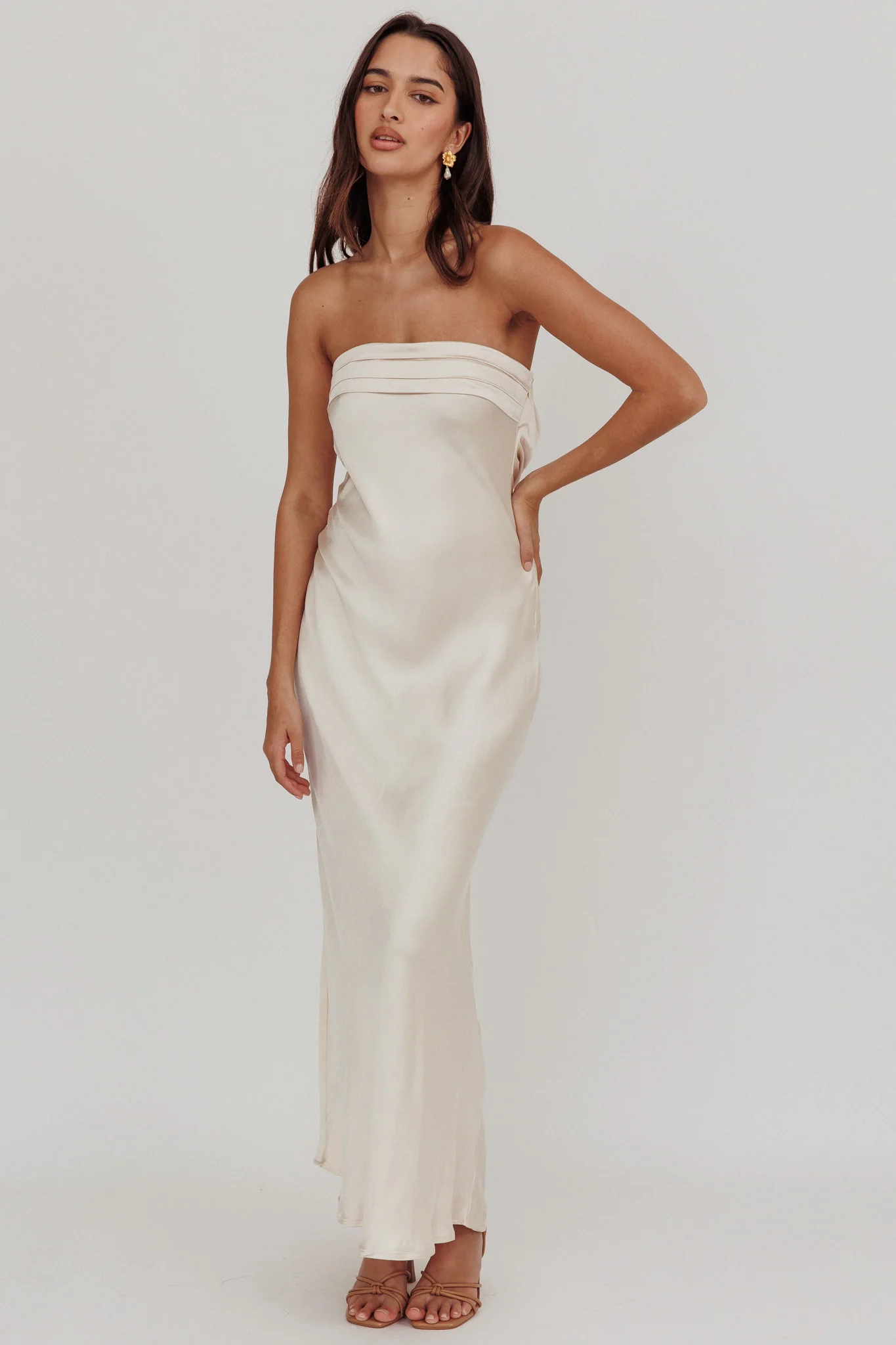 Kona Strapless Pleated Bust Satin Maxi Dress Champagne