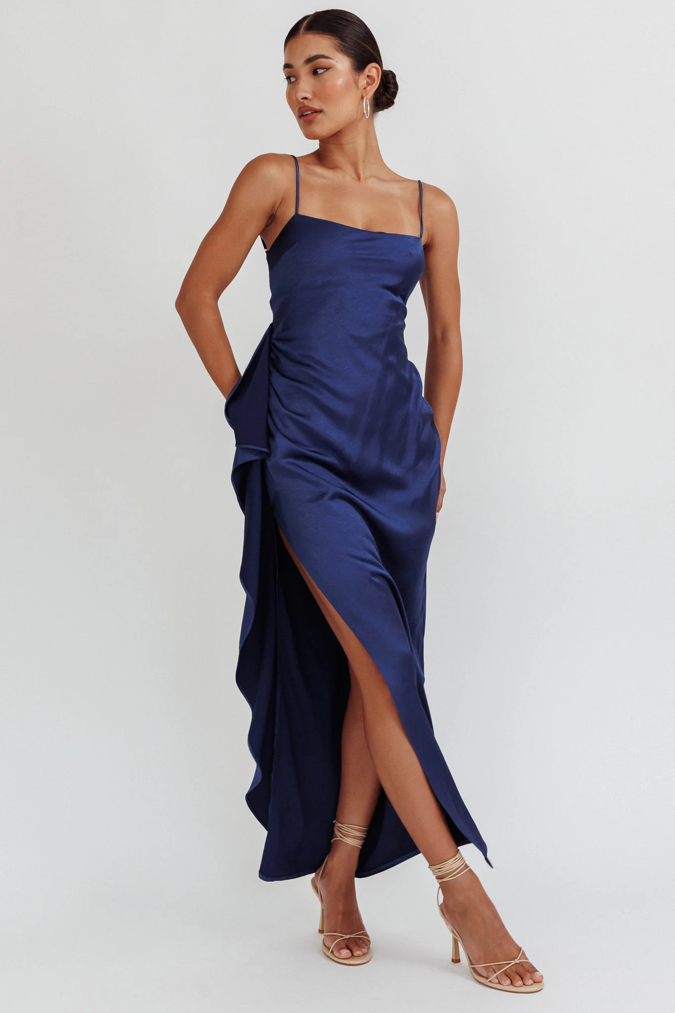 Night Swim Satin Leg Slit Maxi Dress Navy