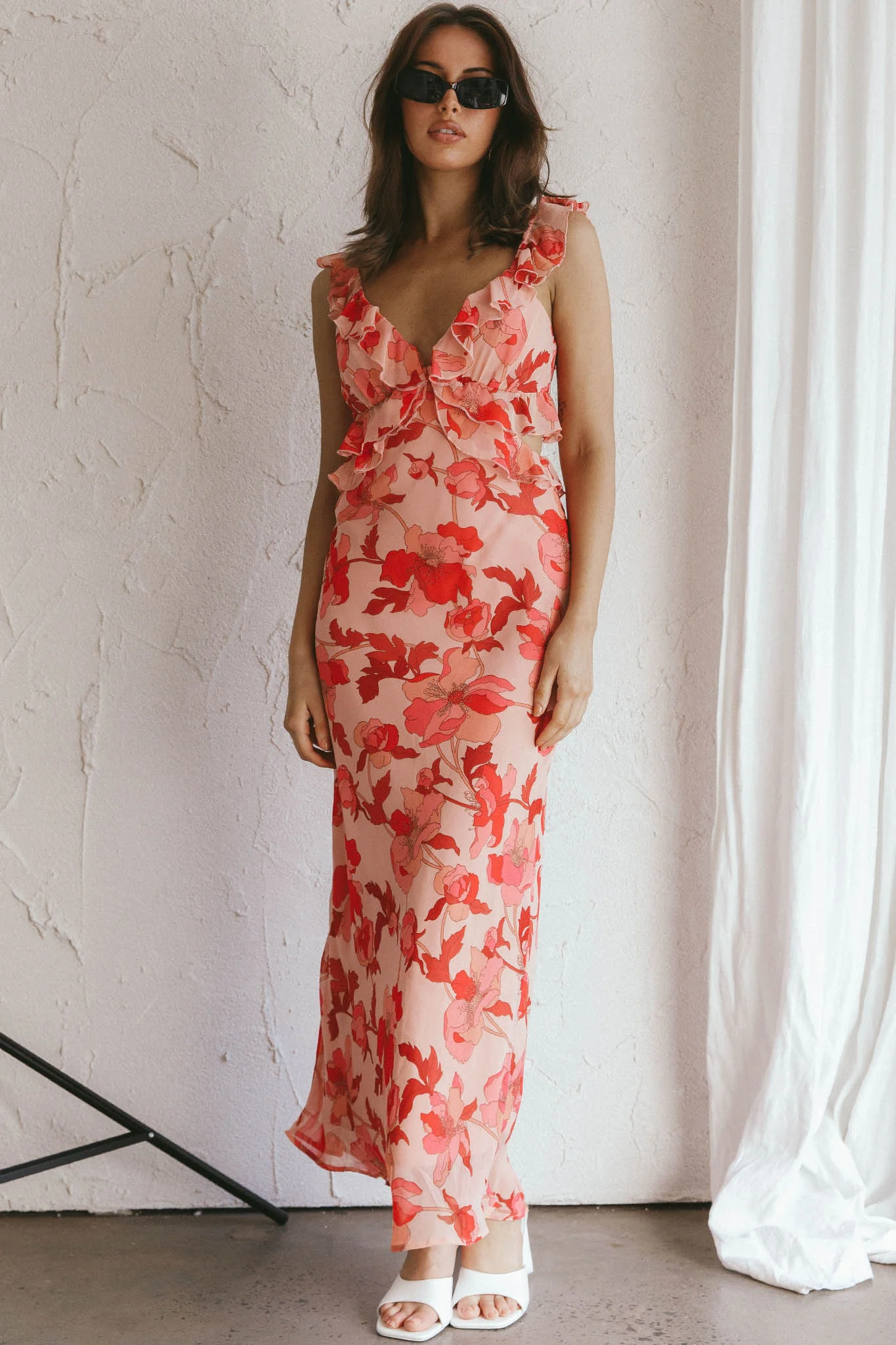 Second Chances Ruffle Trim Midi Dress Floral Pink