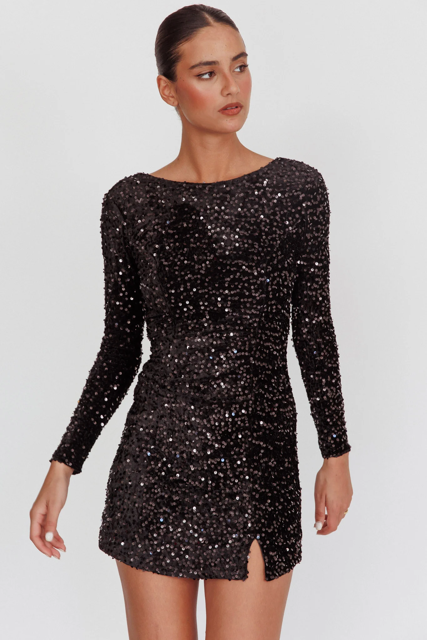 Demure Long Sleeve Open Back Dress Sequin Black