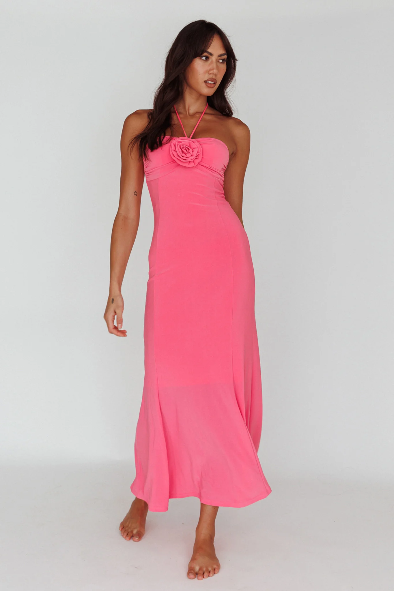 Ibiza Sunset Bust Flower Midi Dress Hot Pink