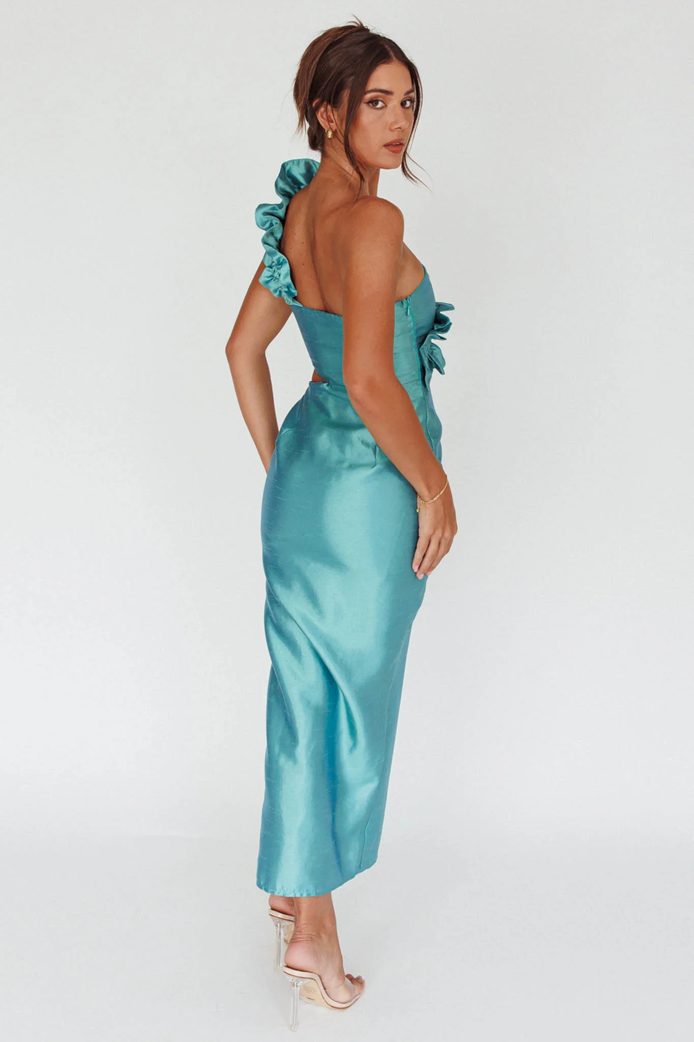 NY Moment Wide Ruffle Shoulder Dress Forest Green