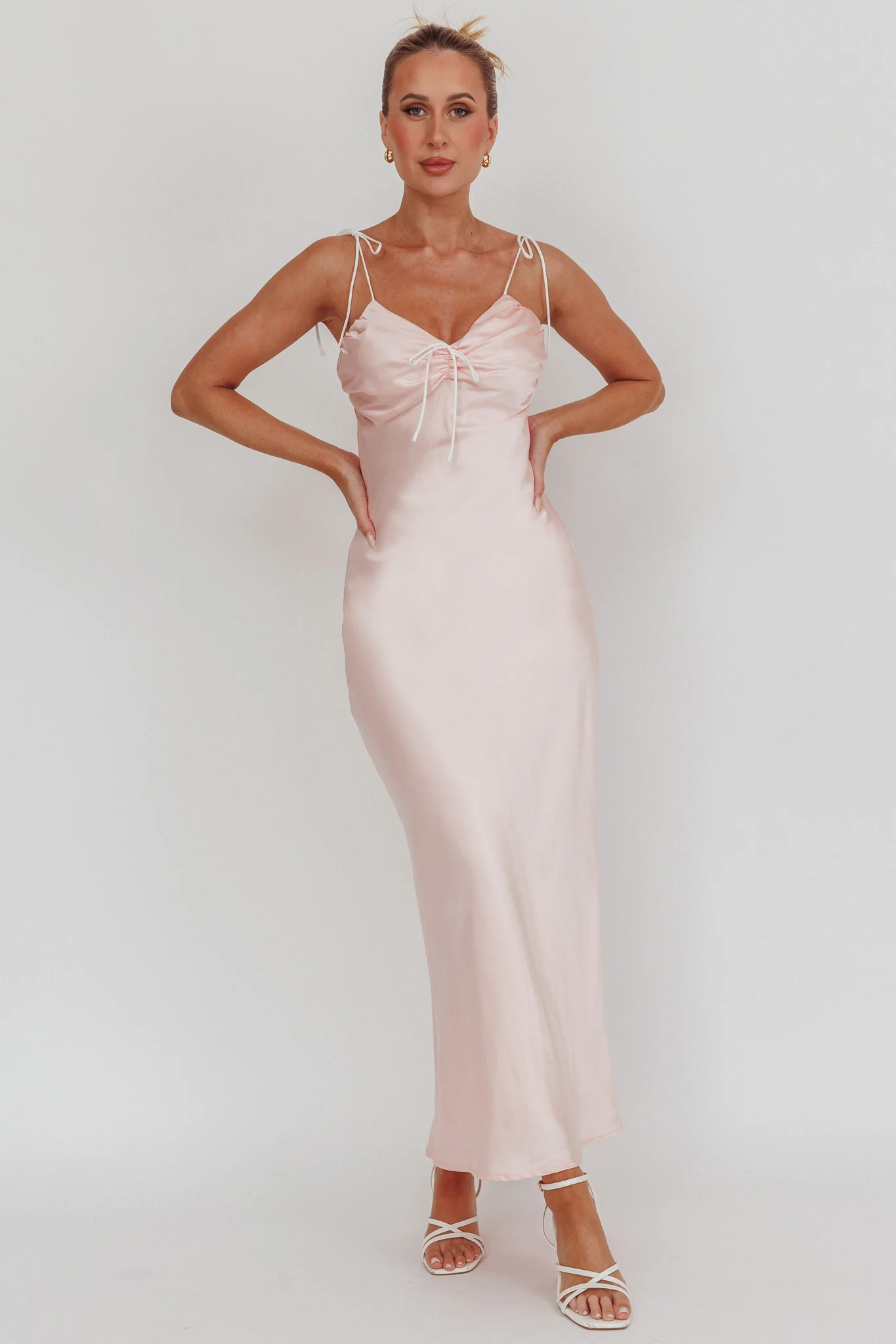 Slow Burn Tied Shoulders Satin Maxi Dress Pink