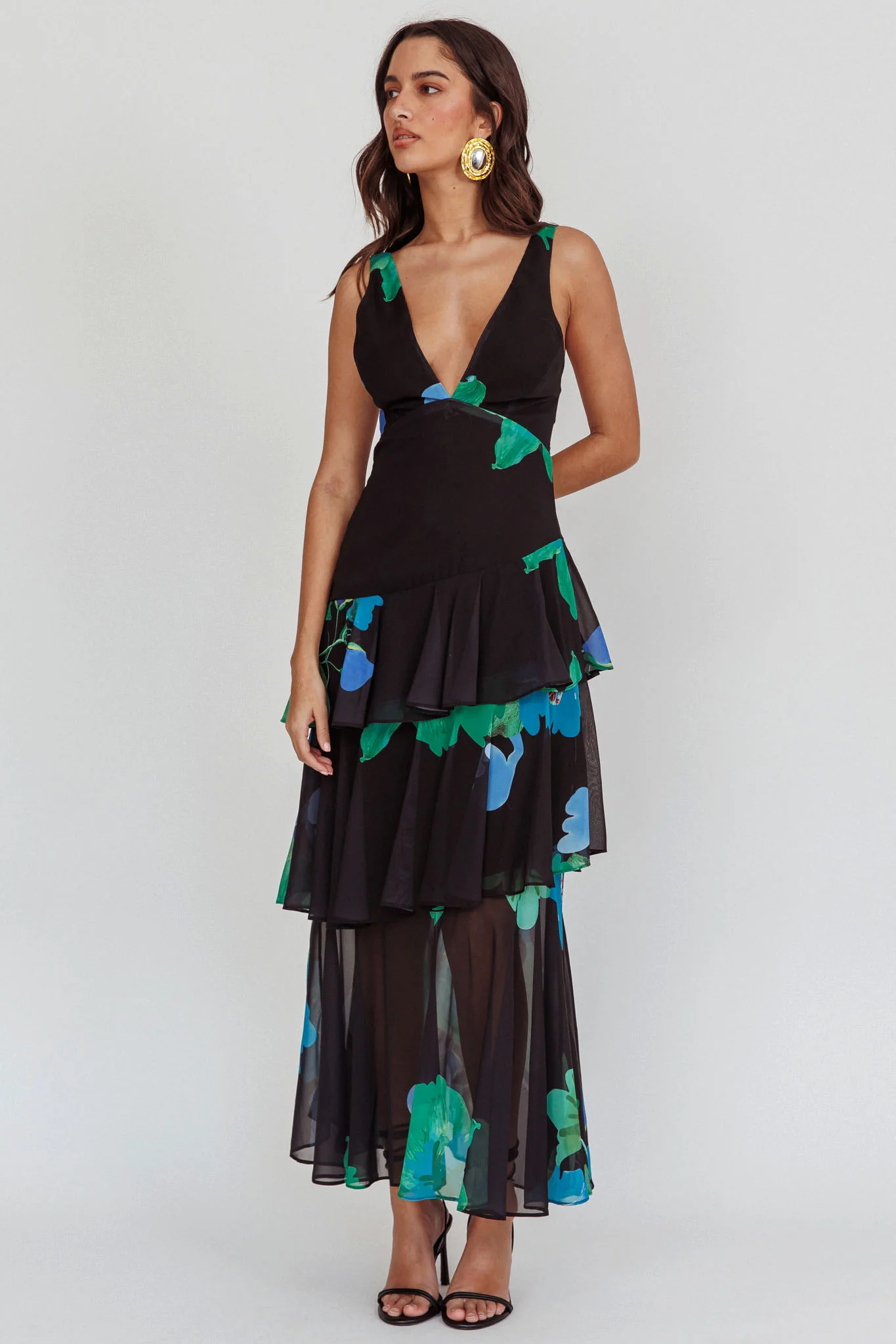 Veda Strappy Back Ruffle Maxi Dress Black